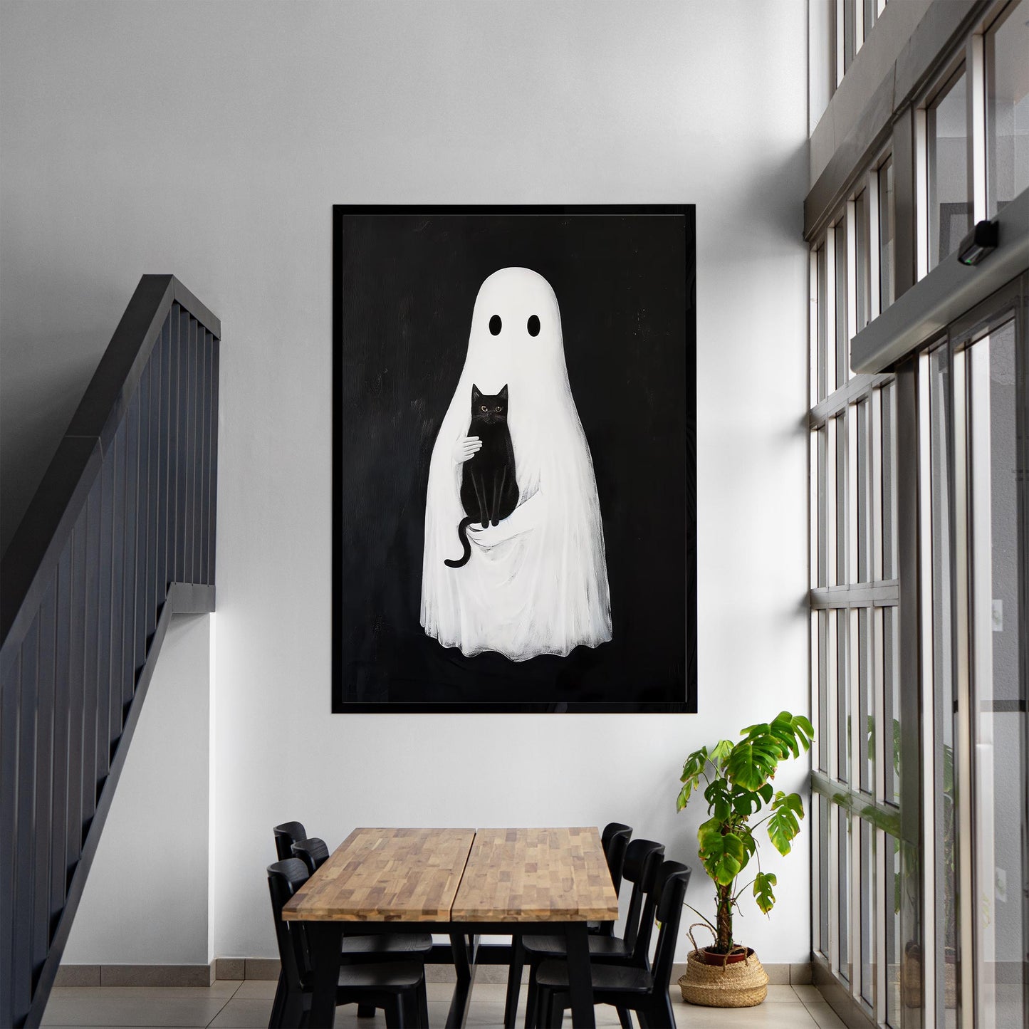 Ghost and Black Cat Halloween Print, Spooky Academia Wall Art