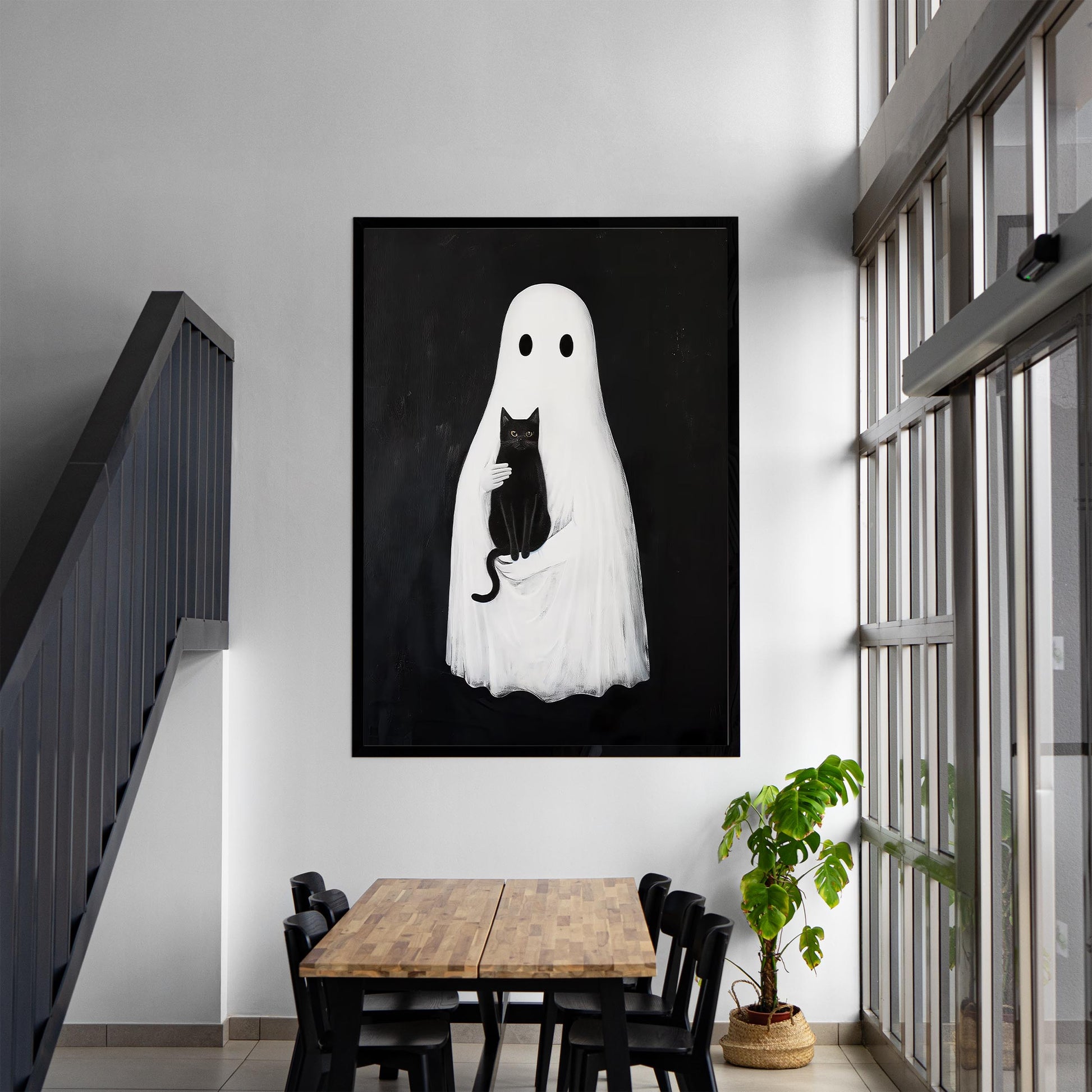 Ghost and Black Cat Halloween Print, Spooky Academia Wall Art