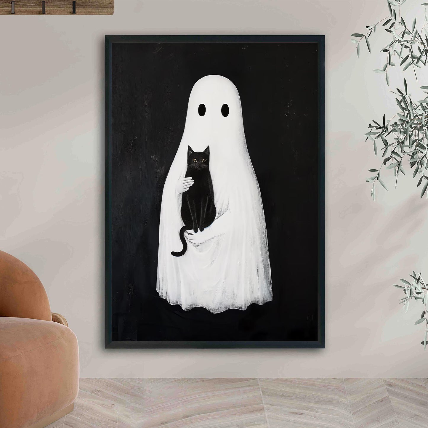 Ghost and Black Cat Halloween Print, Spooky Academia Wall Art