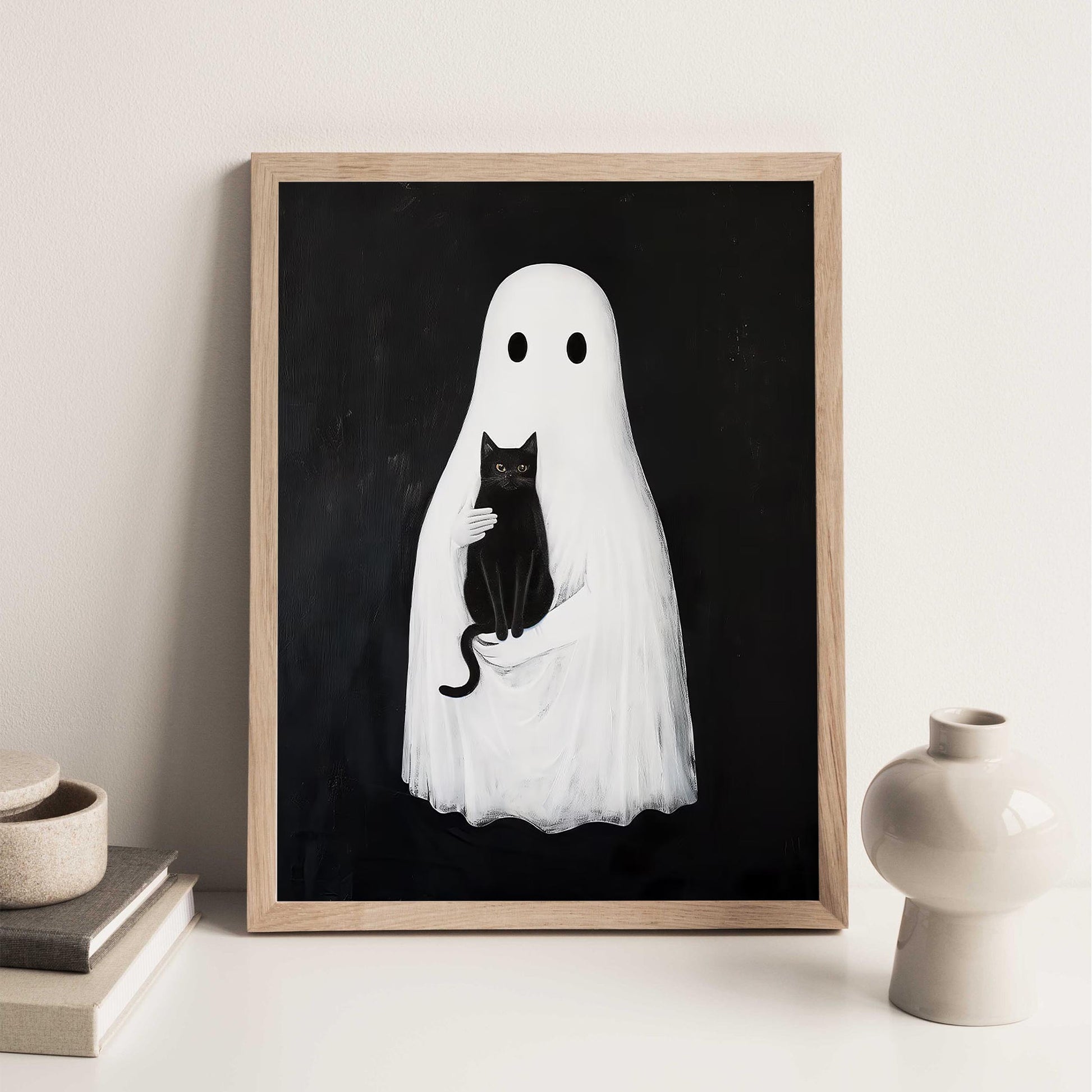 Ghost and Black Cat Halloween Print, Spooky Academia Wall Art