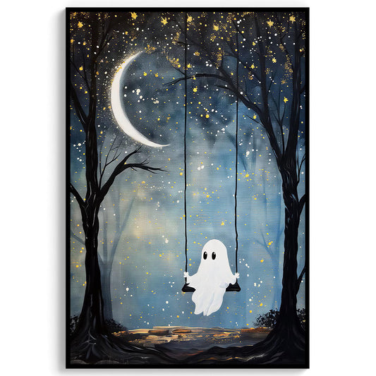 Ghost on Swing Wall Art Halloween Decor Vintage Print Spooky Ghost Painting Moon and Stars Digital Instant D