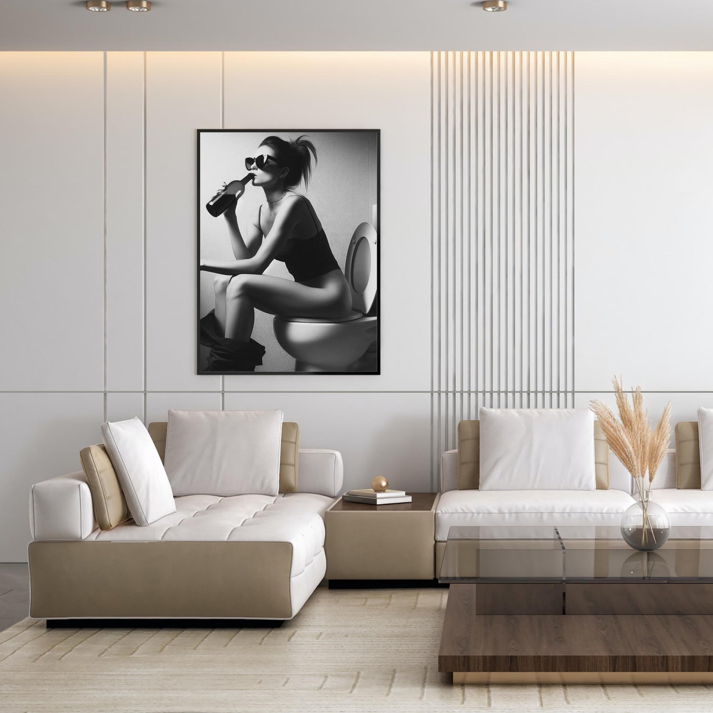 Girl On Toilet Drinking Wine Print Funny Bathroom Art, Trendy Decor - Black and White Wall Art