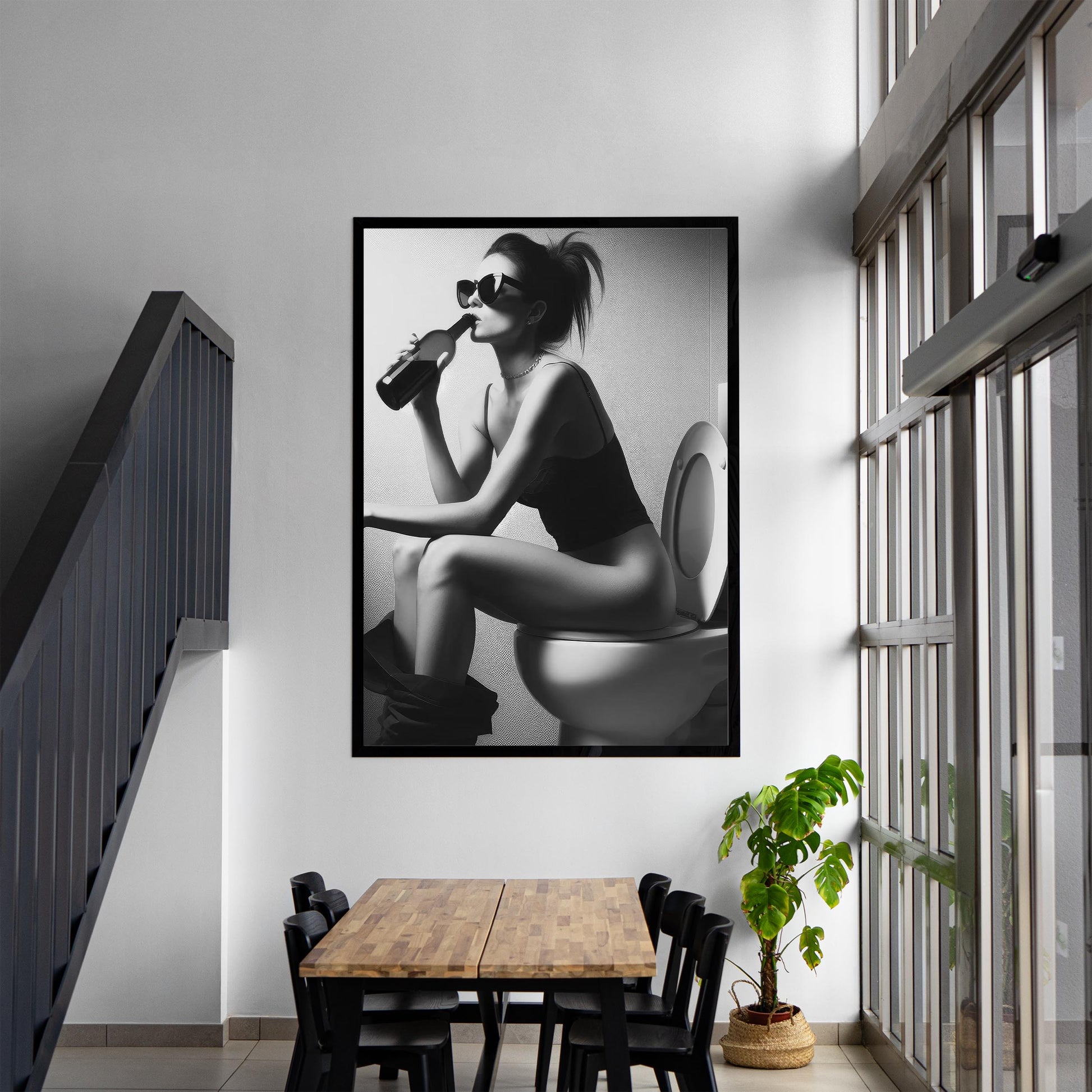 Girl On Toilet Drinking Wine Print Funny Bathroom Art, Trendy Decor - Black and White Wall Art