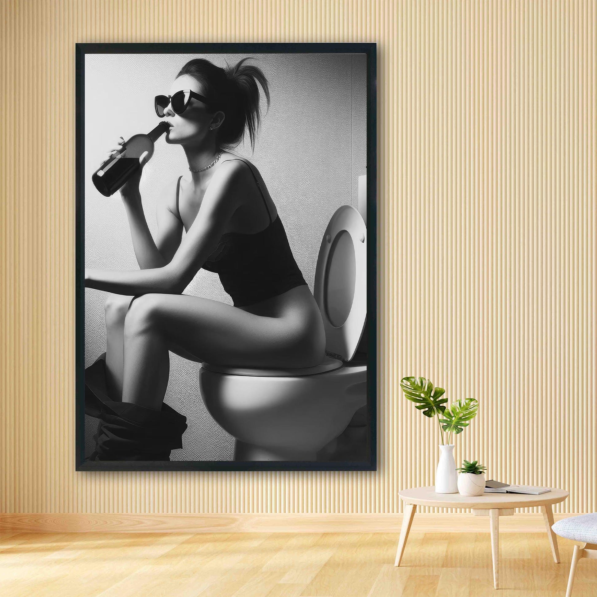 Girl On Toilet Drinking Wine Print Funny Bathroom Art, Trendy Decor - Black and White Wall Art