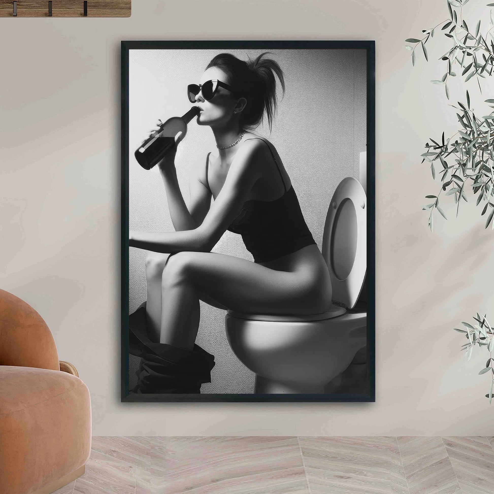 Girl On Toilet Drinking Wine Print Funny Bathroom Art, Trendy Decor - Black and White Wall Art
