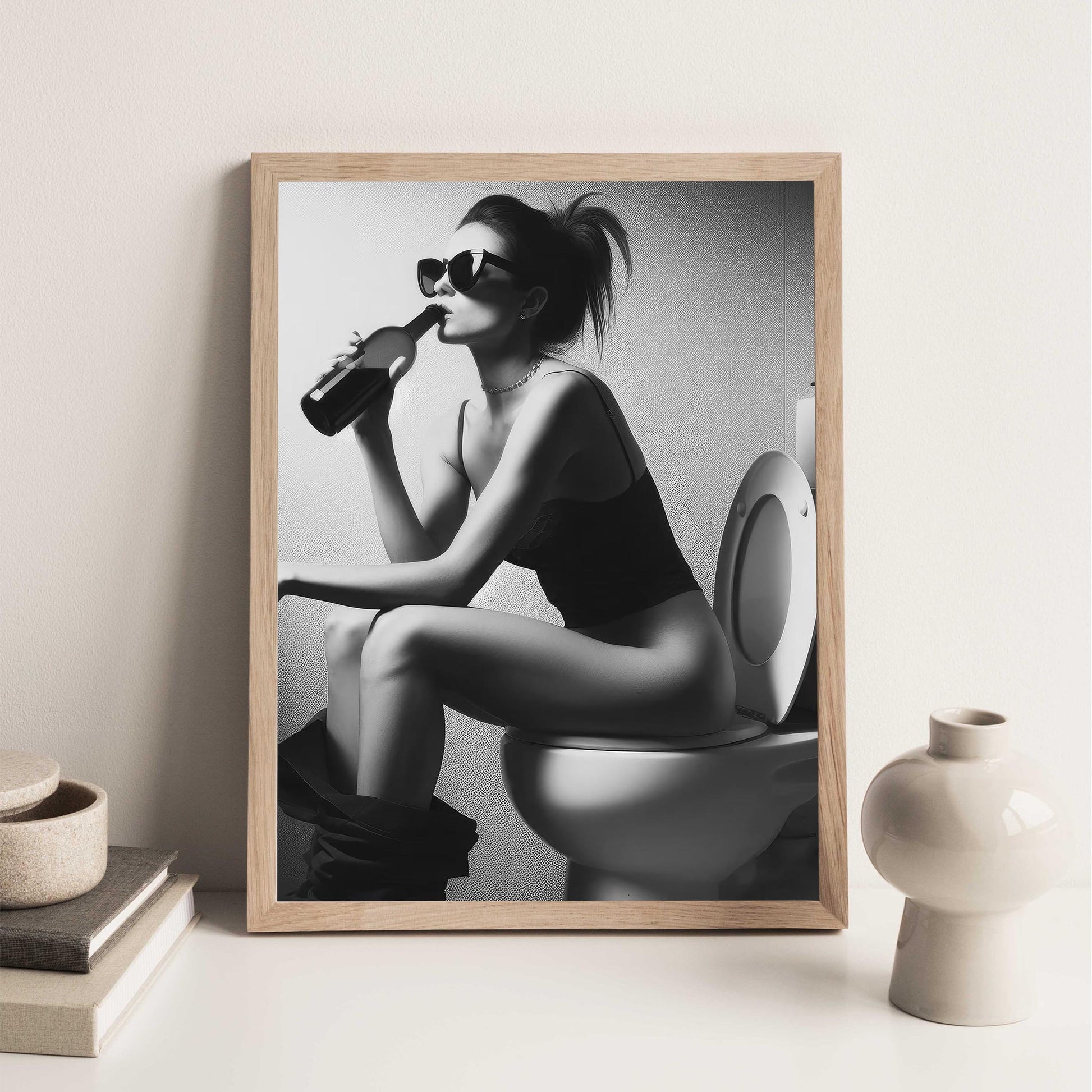 Girl On Toilet Drinking Wine Print Funny Bathroom Art, Trendy Decor - Black and White Wall Art