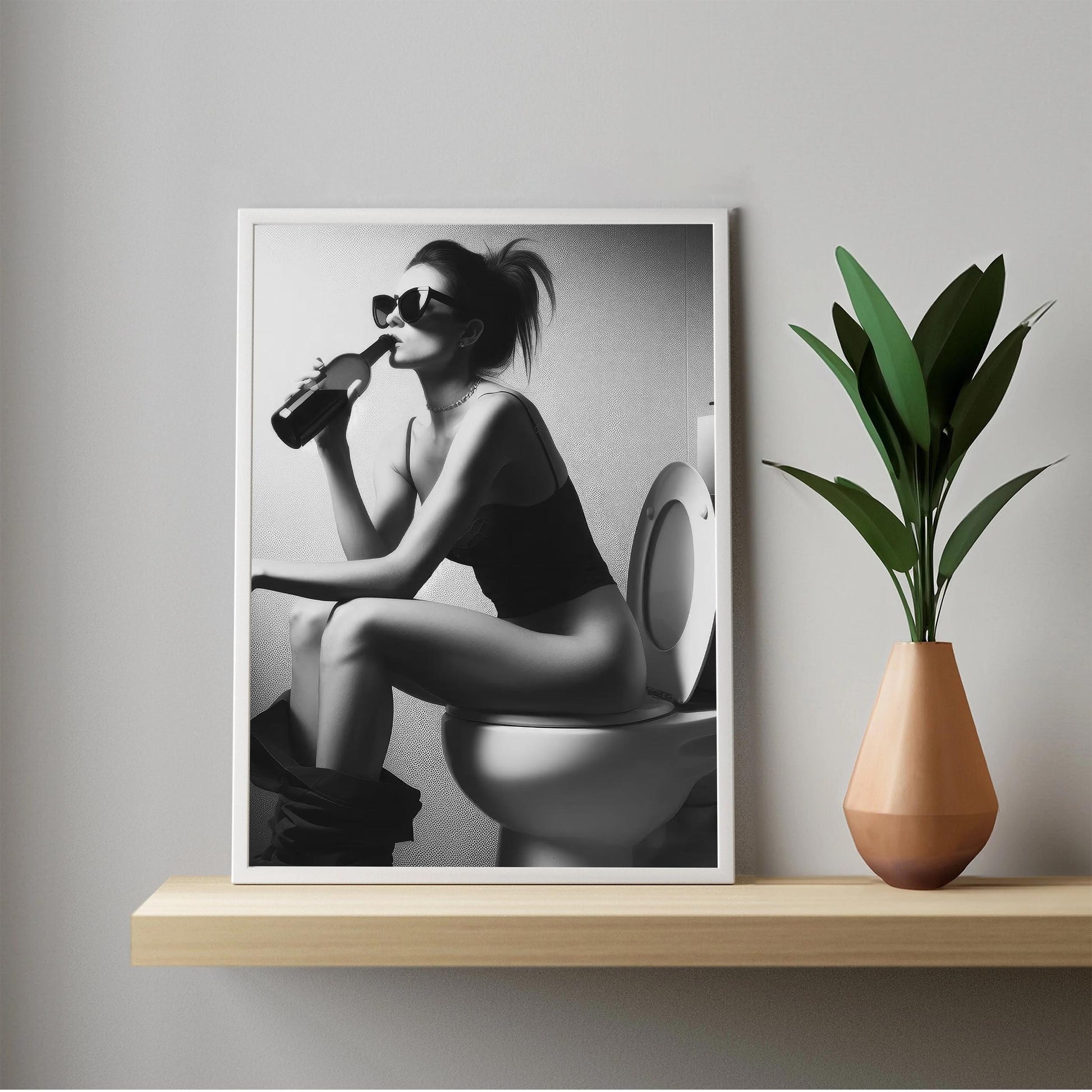 Girl On Toilet Drinking Wine Print Funny Bathroom Art, Trendy Decor - Black and White Wall Art