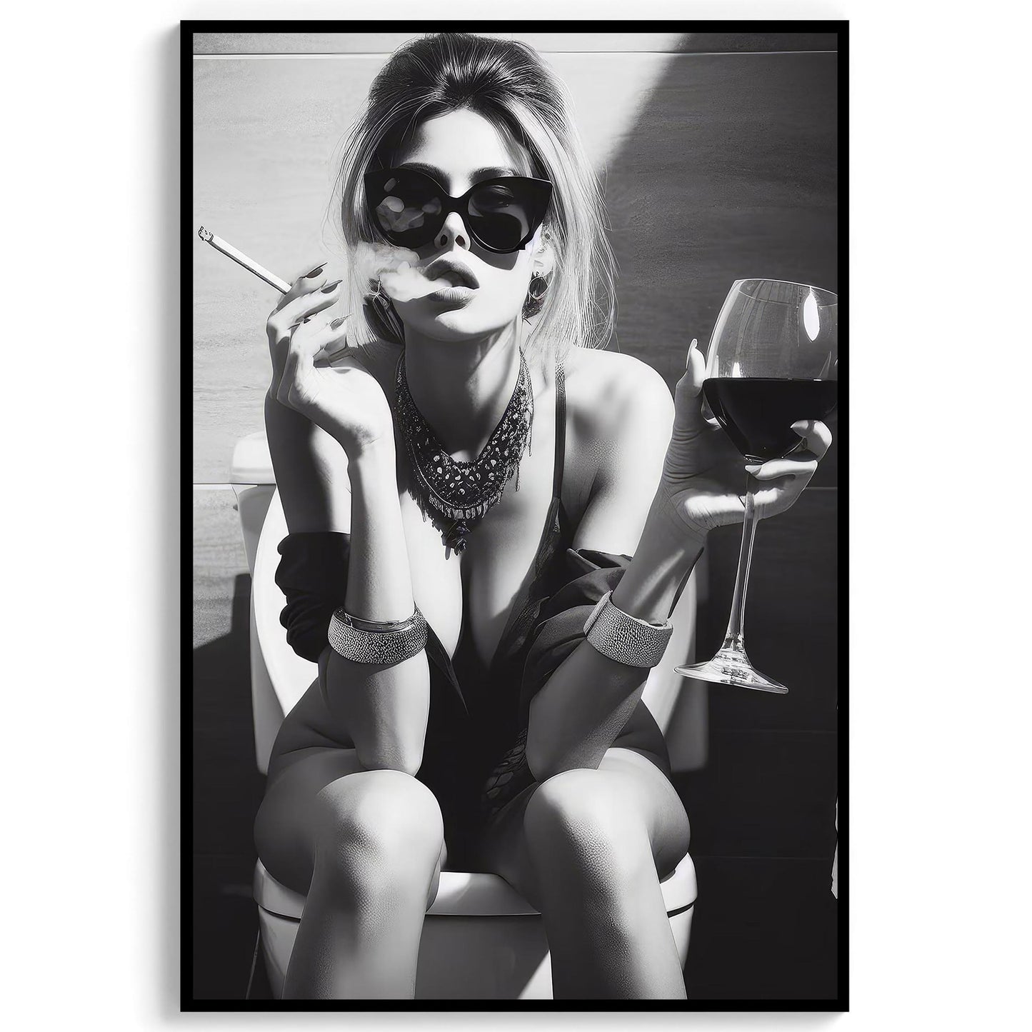 Girl On Toilet Wall Art Woman Drinking Wine Poster, Funny Bathroom Print - Chic Black and White Decor