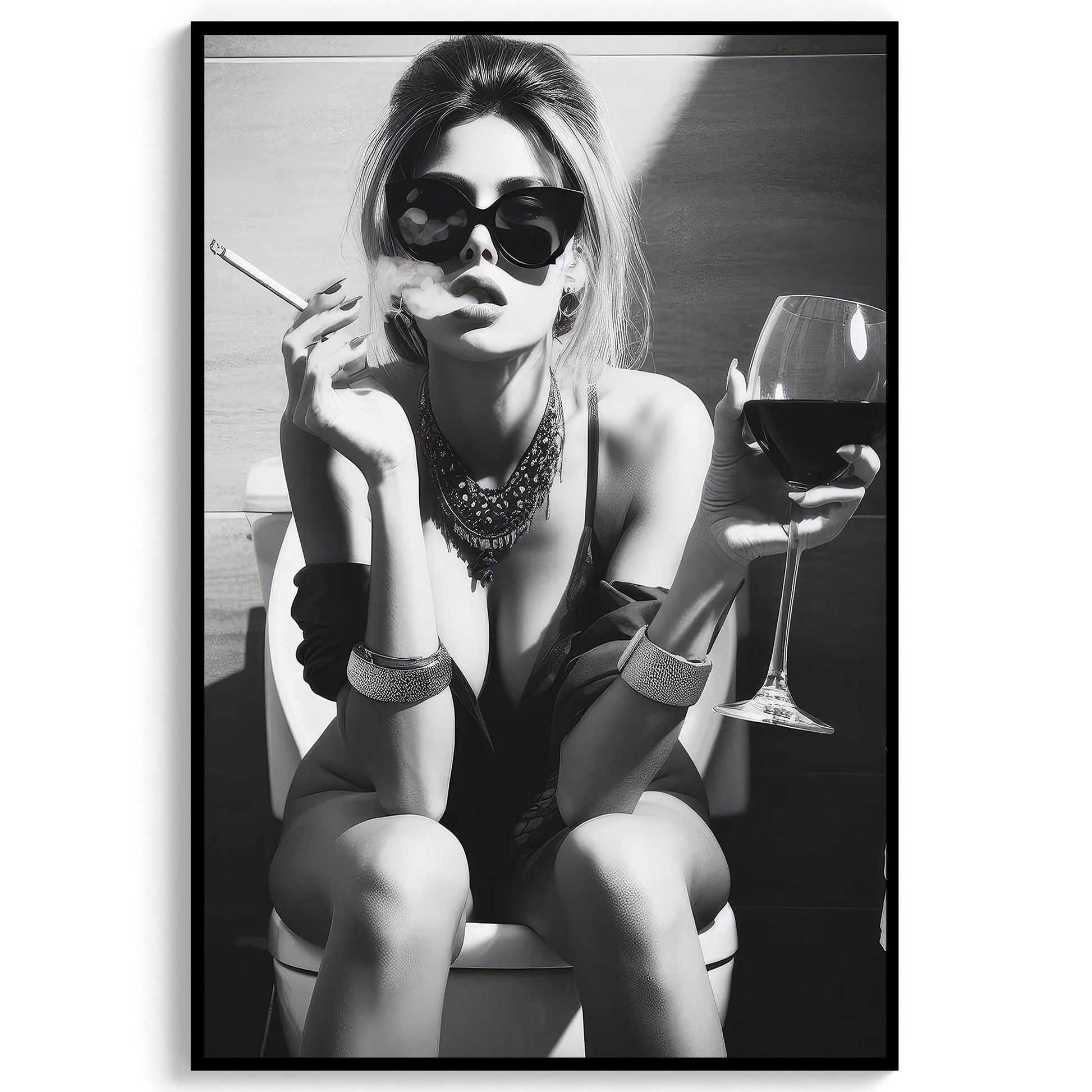 Girl On Toilet Wall Art Woman Drinking Wine Poster, Funny Bathroom Print - Chic Black and White Decor