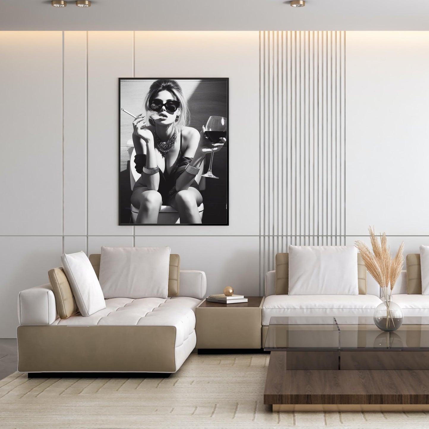 Girl On Toilet Wall Art Woman Drinking Wine Poster, Funny Bathroom Print - Chic Black and White Decor
