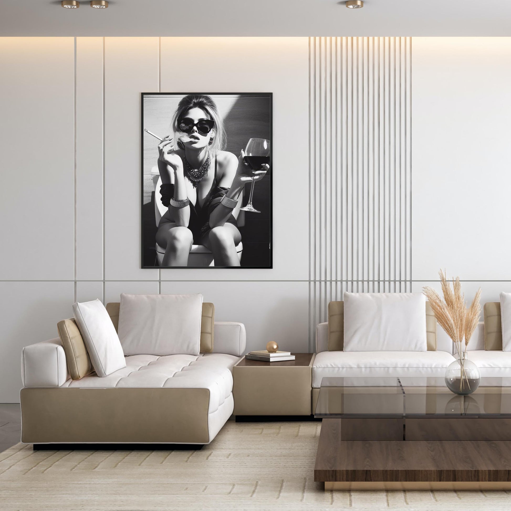 Girl On Toilet Wall Art Woman Drinking Wine Poster, Funny Bathroom Print - Chic Black and White Decor