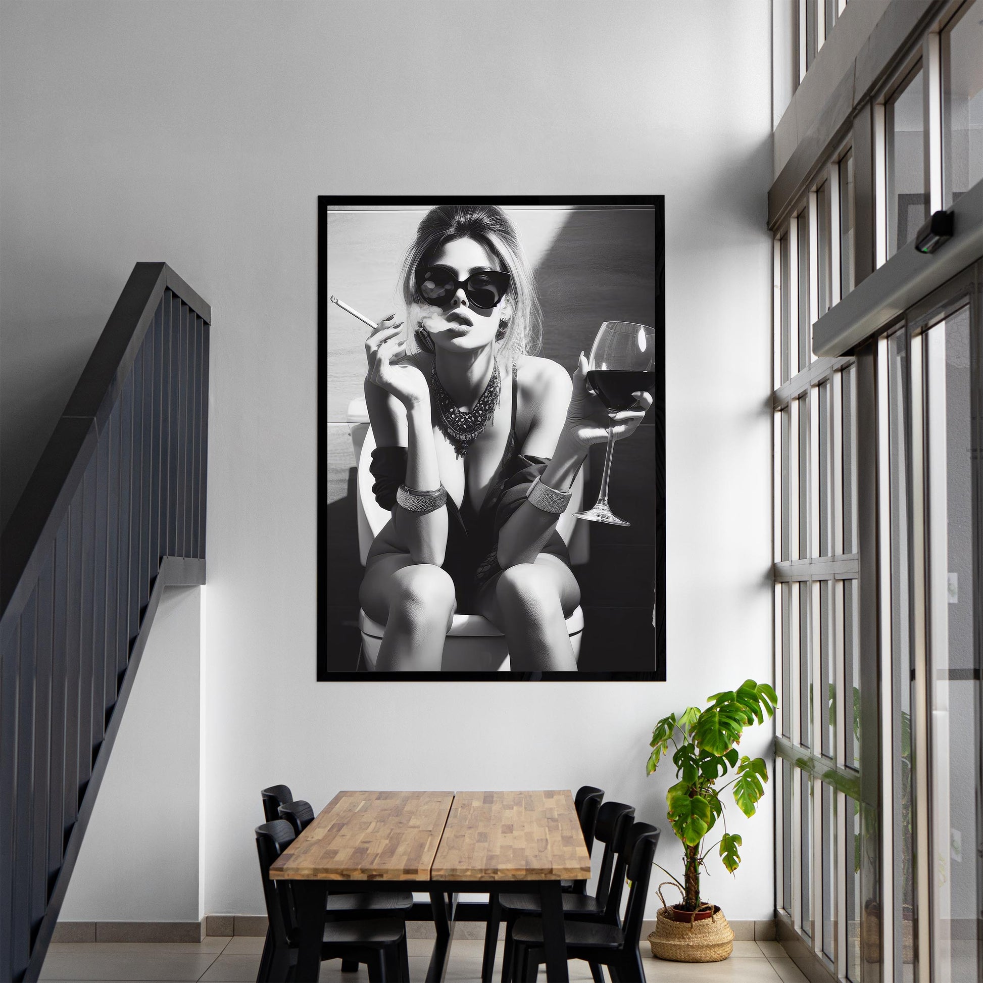 Girl On Toilet Wall Art Woman Drinking Wine Poster, Funny Bathroom Print - Chic Black and White Decor
