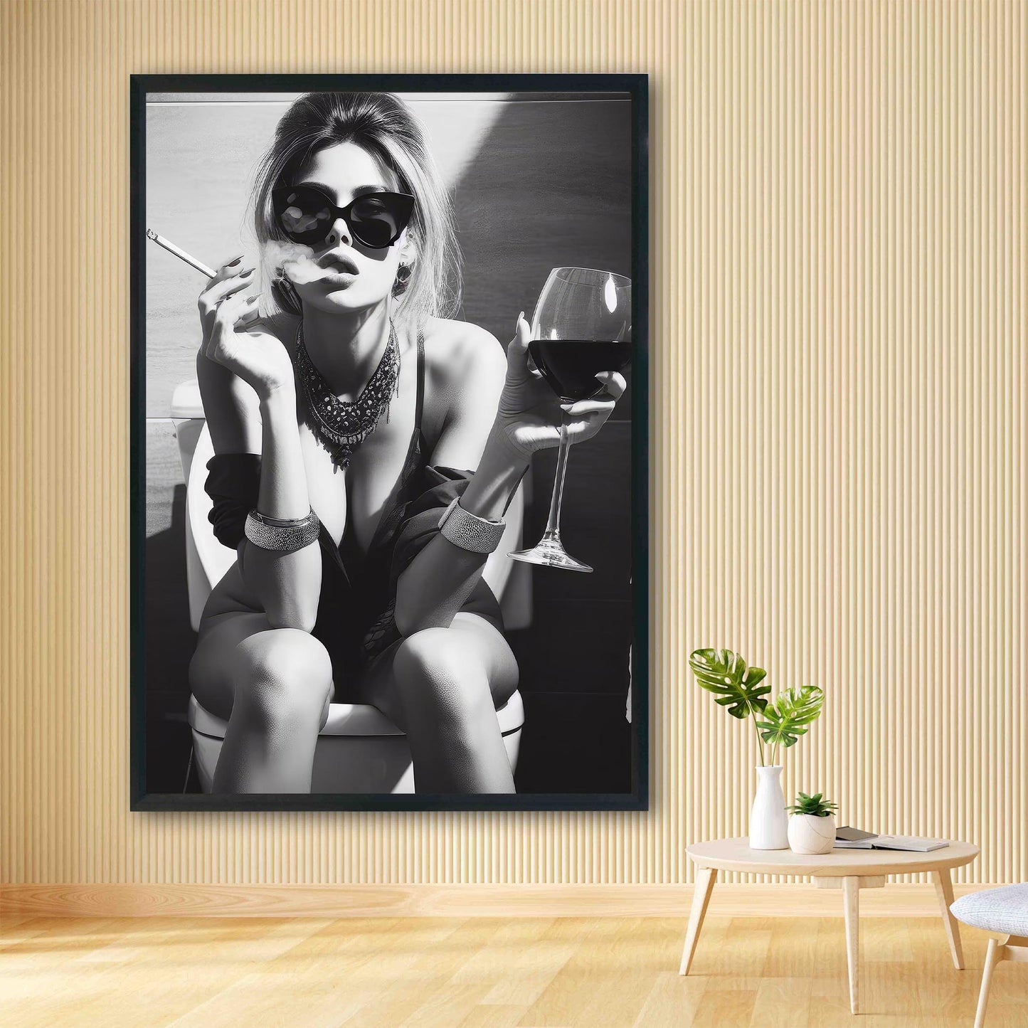 Girl On Toilet Wall Art Woman Drinking Wine Poster, Funny Bathroom Print - Chic Black and White Decor