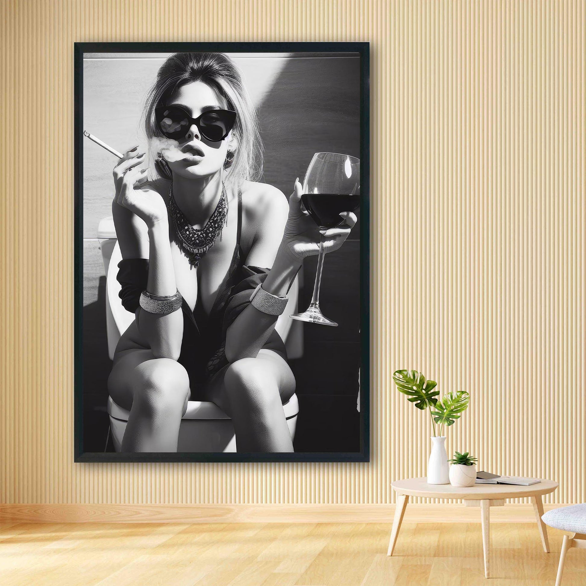 Girl On Toilet Wall Art Woman Drinking Wine Poster, Funny Bathroom Print - Chic Black and White Decor