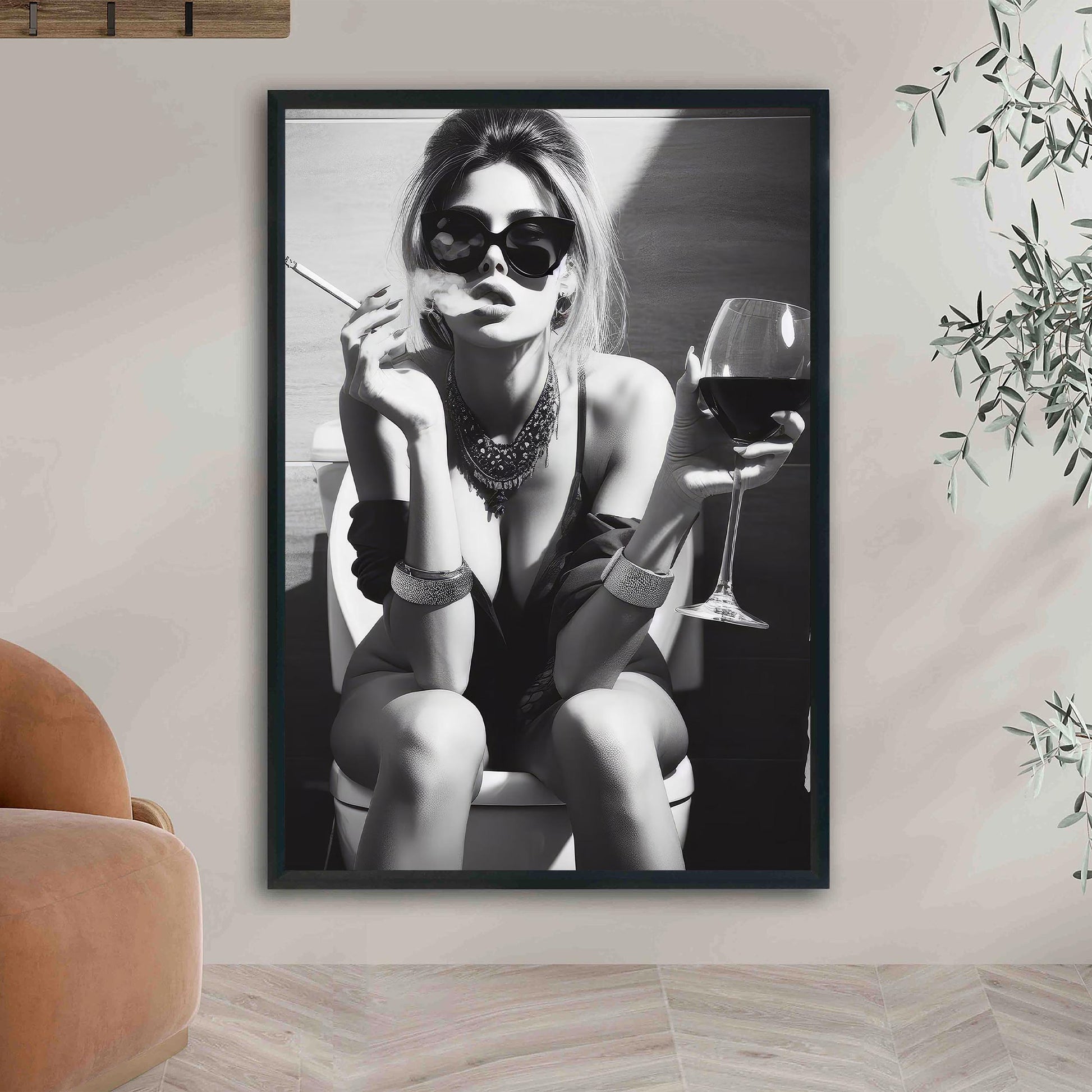 Girl On Toilet Wall Art Woman Drinking Wine Poster, Funny Bathroom Print - Chic Black and White Decor