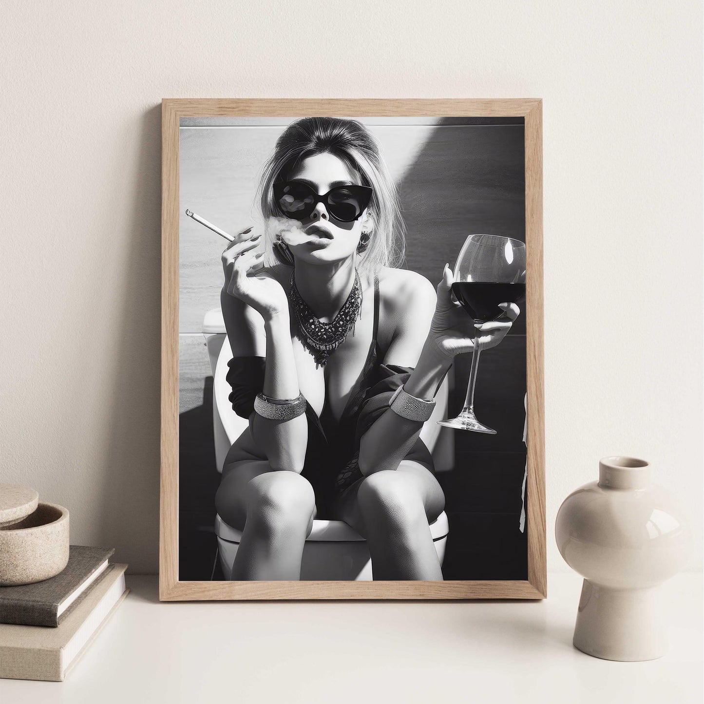 Girl On Toilet Wall Art Woman Drinking Wine Poster, Funny Bathroom Print - Chic Black and White Decor