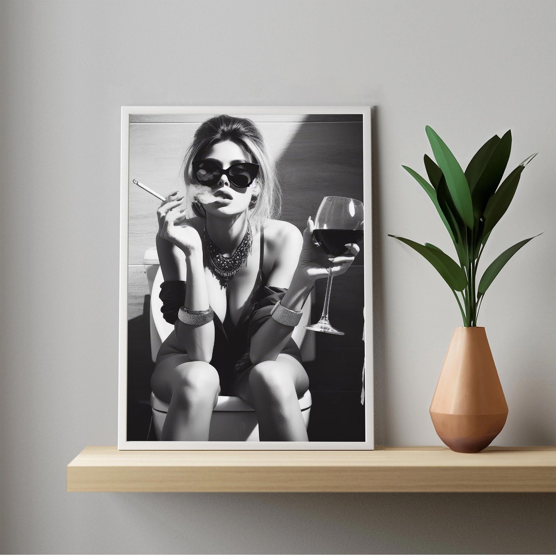 Girl On Toilet Wall Art Woman Drinking Wine Poster, Funny Bathroom Print - Chic Black and White Decor