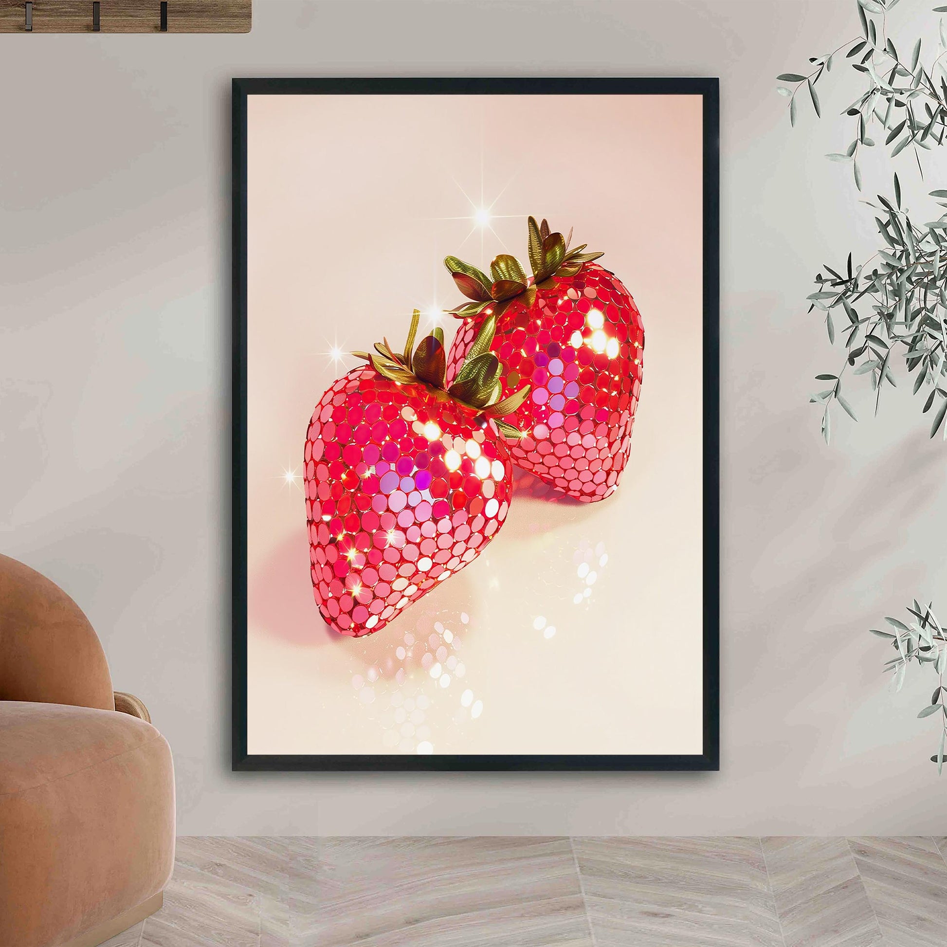 Glam Disco Ball Strawberry Art Print, Trendy Dorm Decor