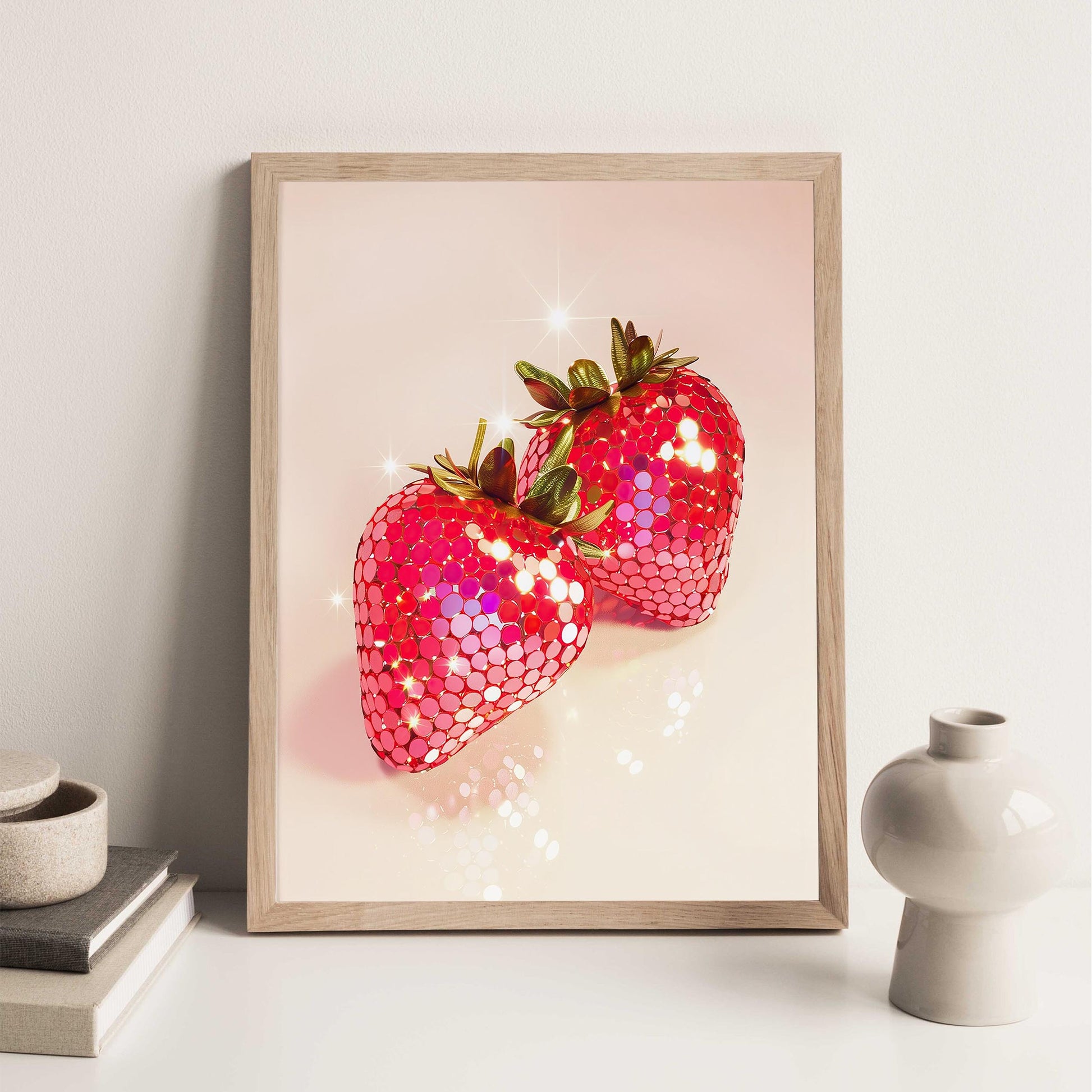 Glam Disco Ball Strawberry Art Print, Trendy Dorm Decor