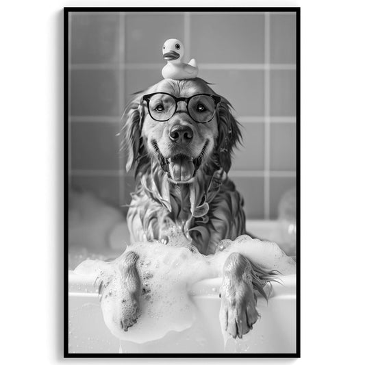 Golden Retriever Bath Print Dog in Tub, Funny Bathroom Decor - Black And White Art