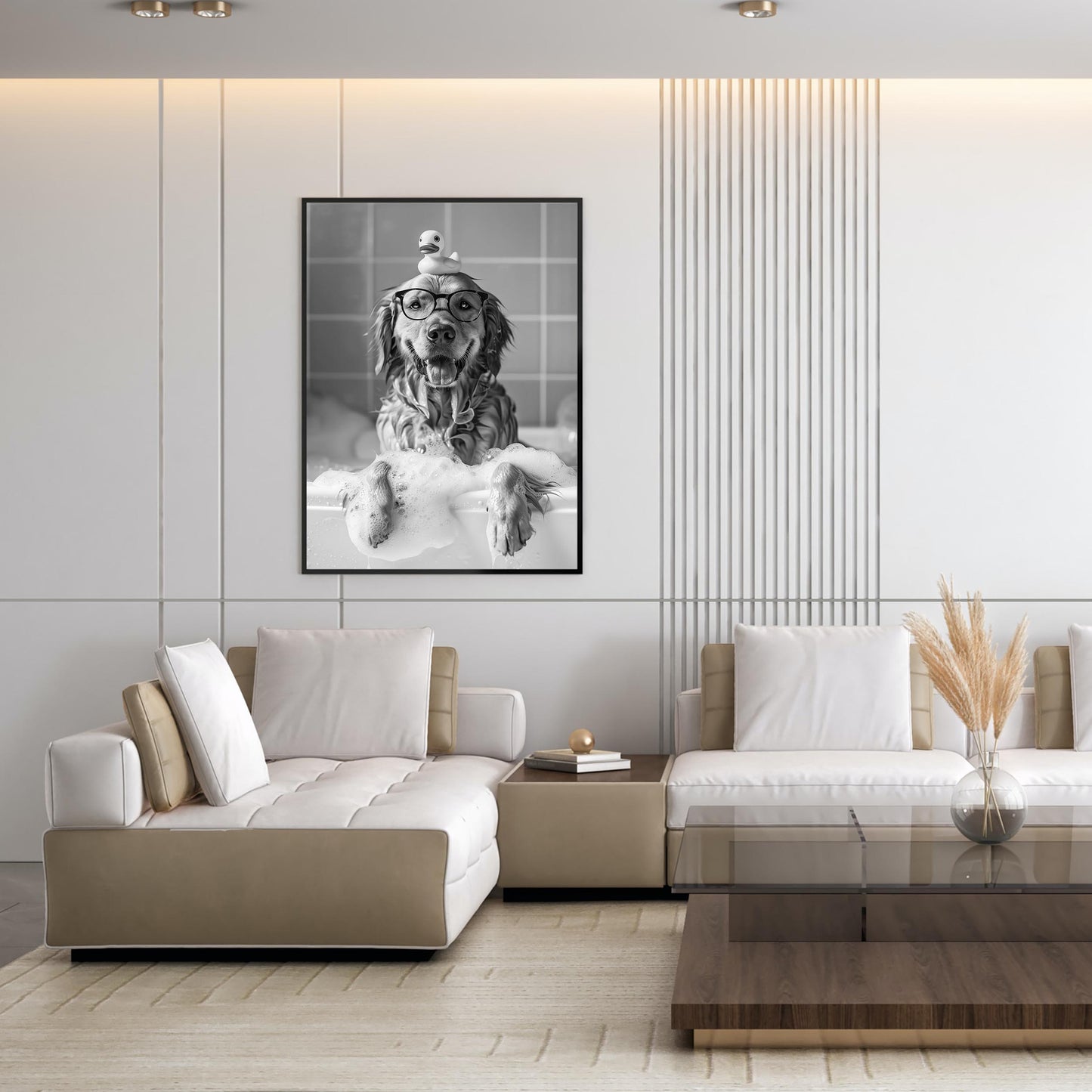 Golden Retriever Bath Print Dog in Tub, Funny Bathroom Decor - Black And White Art