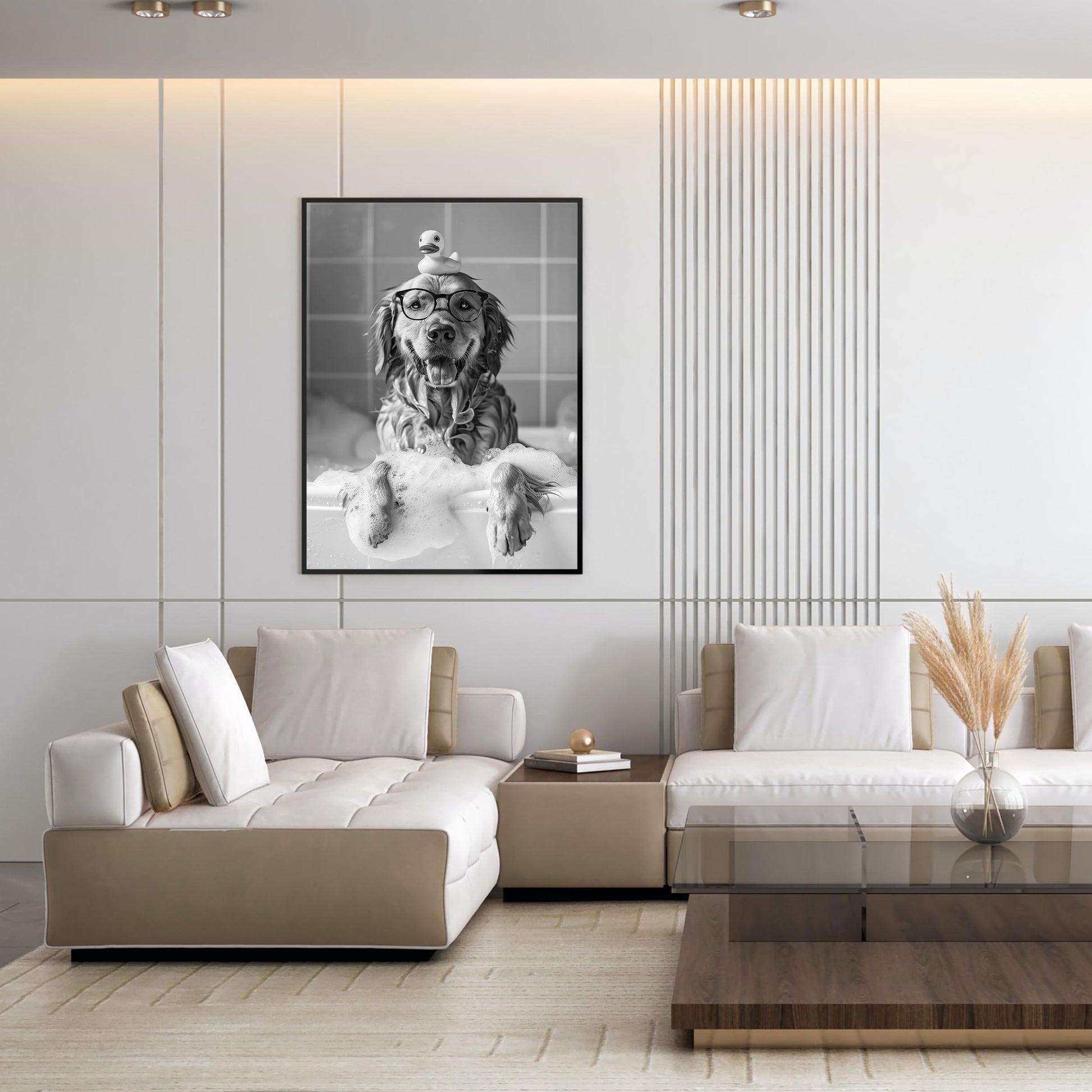 Golden Retriever Bath Print Dog in Tub, Funny Bathroom Decor - Black And White Art