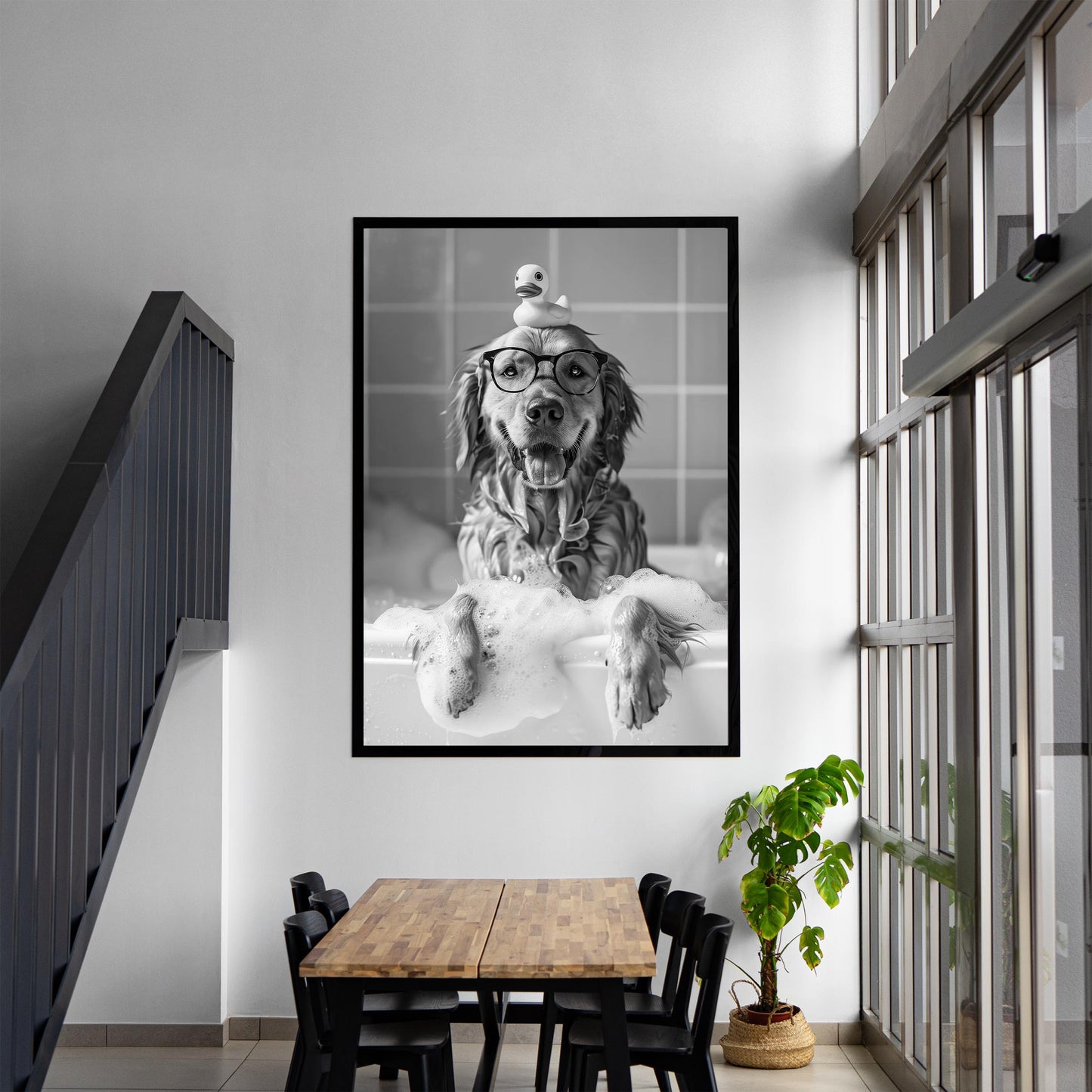 Golden Retriever Bath Print Dog in Tub, Funny Bathroom Decor - Black And White Art