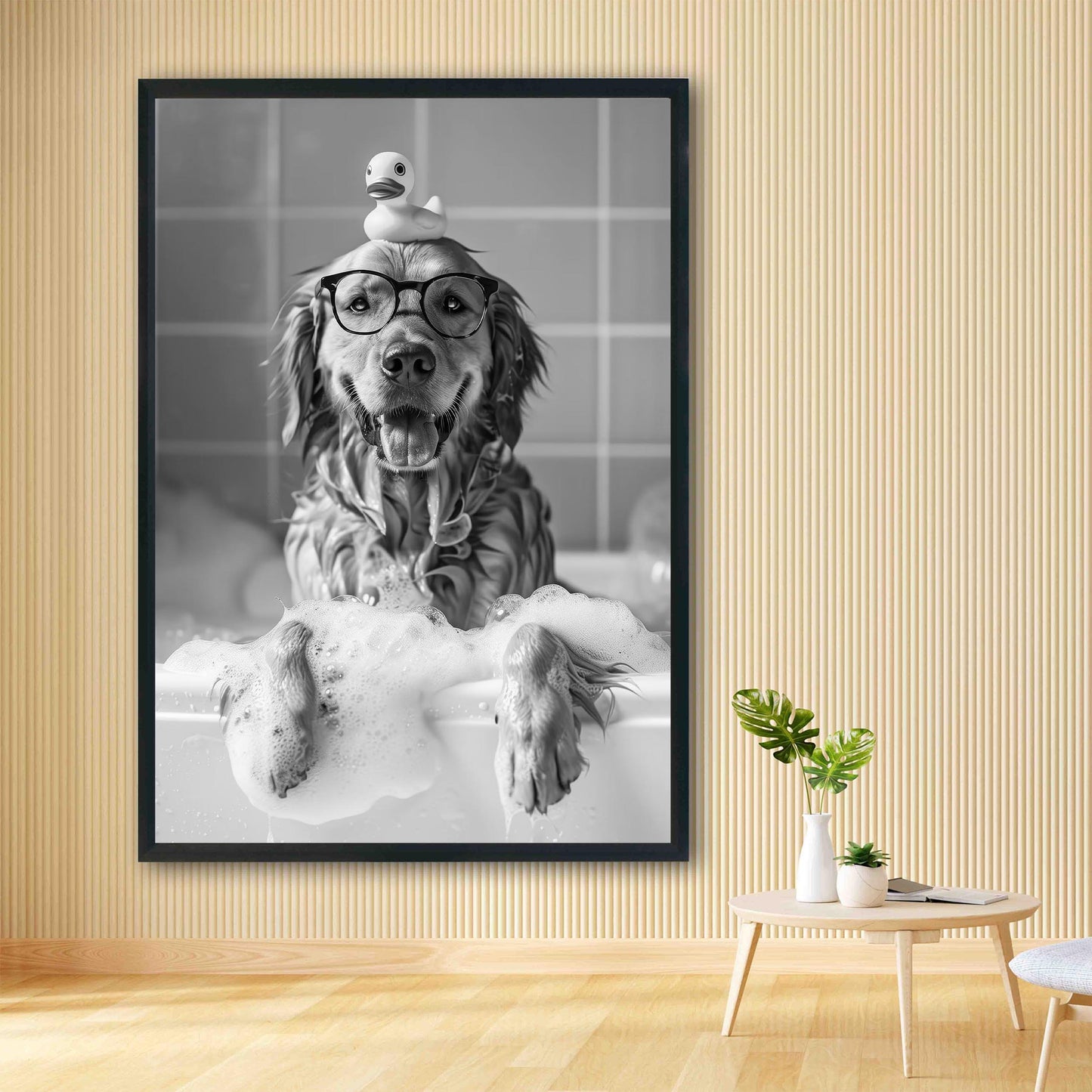 Golden Retriever Bath Print Dog in Tub, Funny Bathroom Decor - Black And White Art