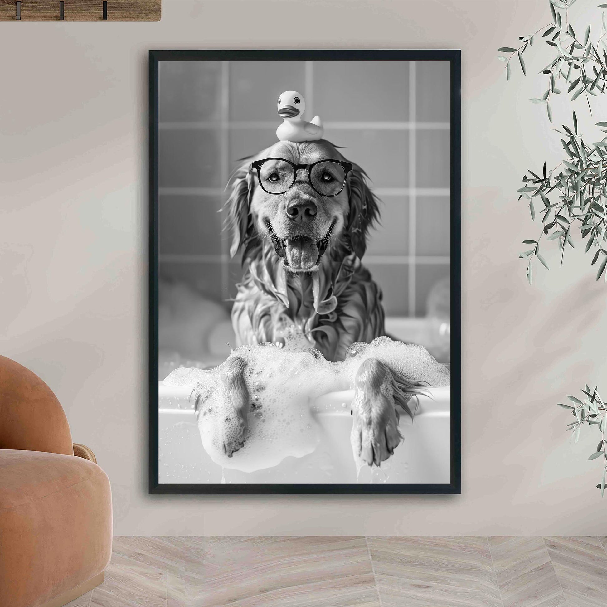 Golden Retriever Bath Print Dog in Tub, Funny Bathroom Decor - Black And White Art