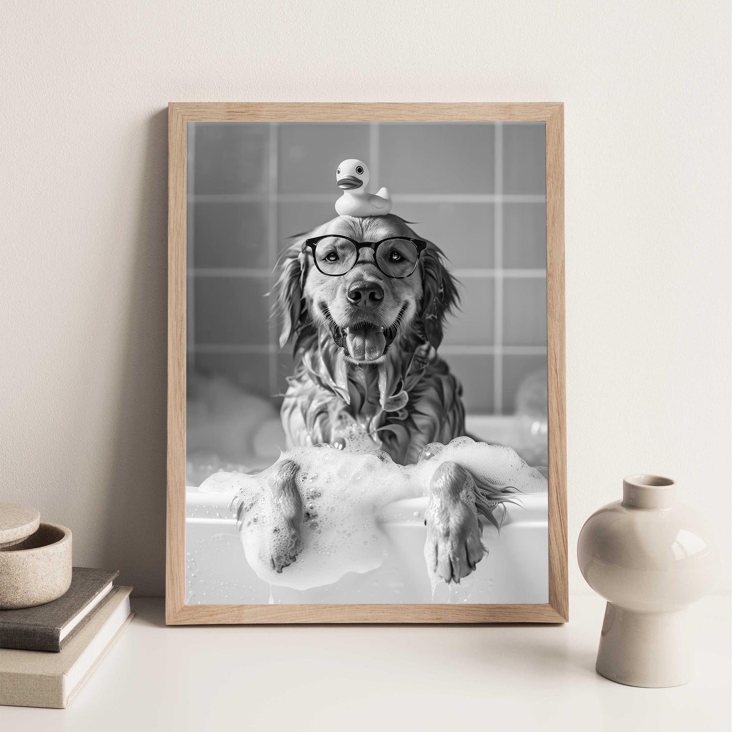 Golden Retriever Bath Print Dog in Tub, Funny Bathroom Decor - Black And White Art
