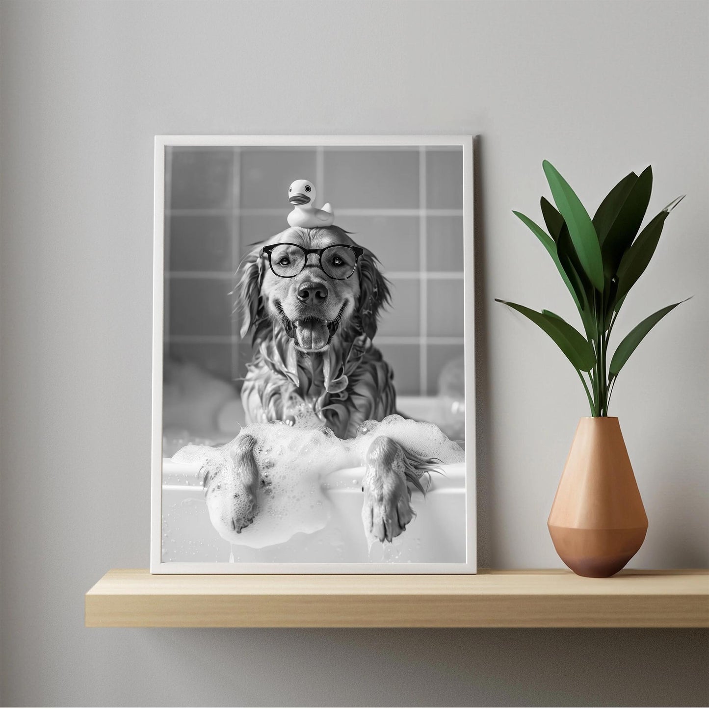 Golden Retriever Bath Print Dog in Tub, Funny Bathroom Decor - Black And White Art