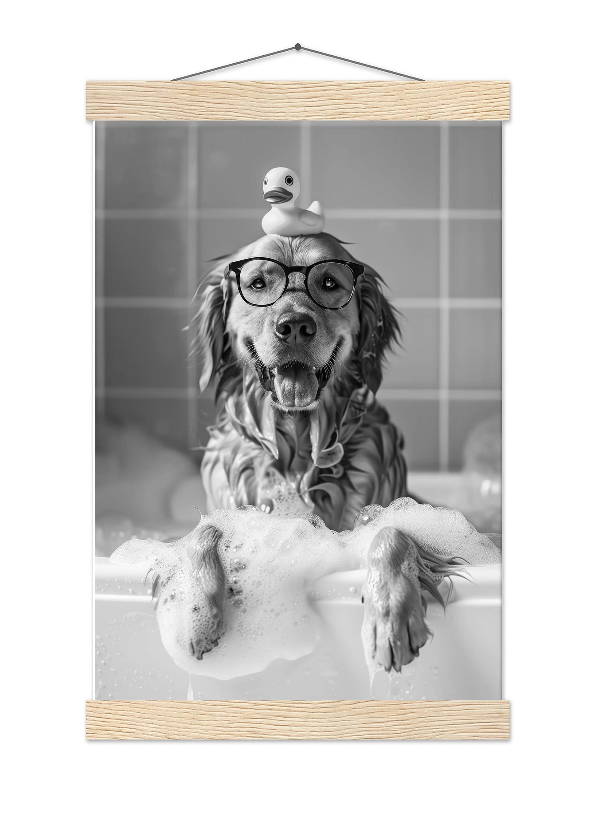Golden Retriever Bath Print Dog in Tub, Funny Bathroom Decor - Black And White Art