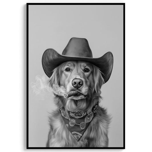 Golden Retriever Cowboy Print Western Dog Art, Vintage Dog Poster, Trendy Retro Decor - Black and White Wall Art