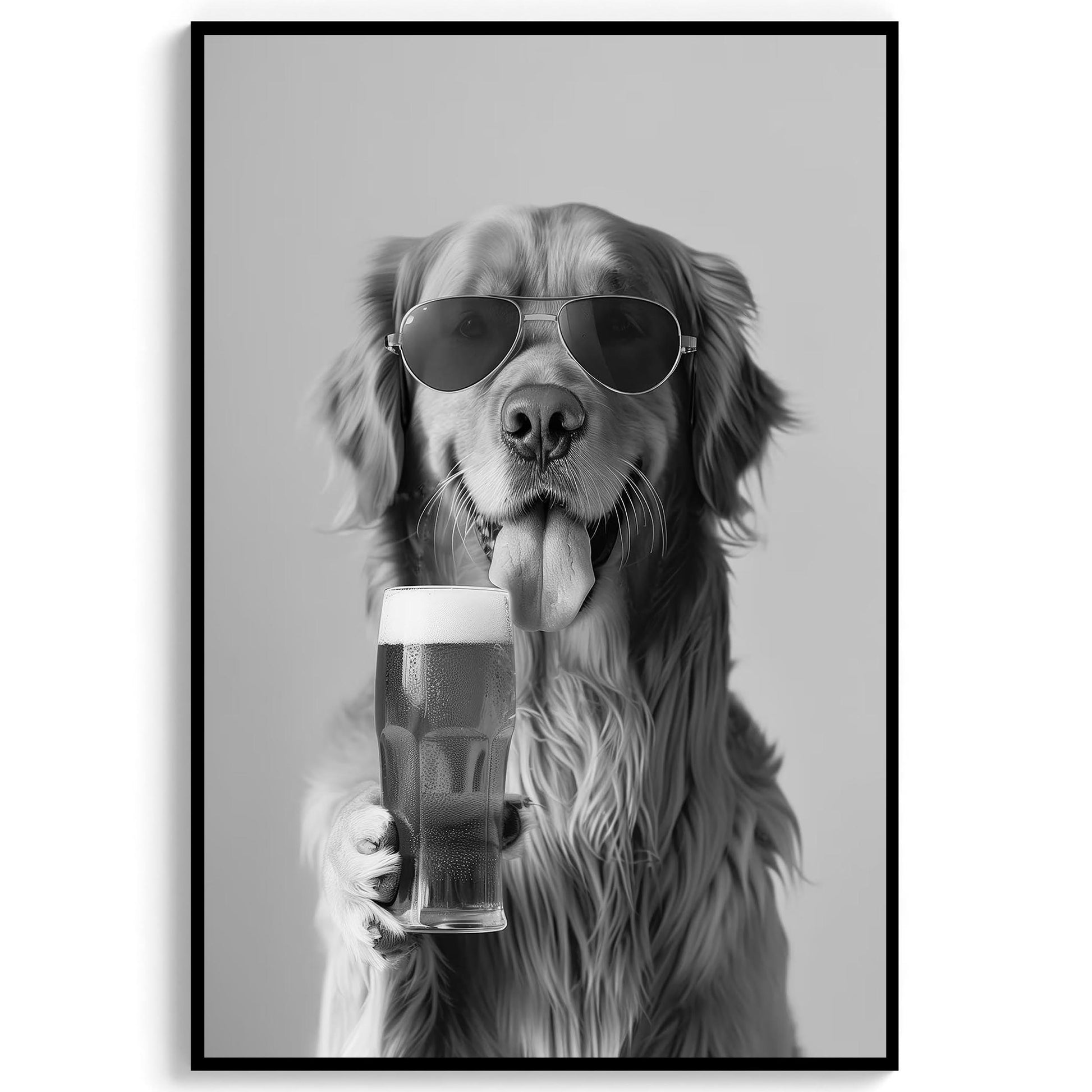 Golden Retriever Drinking Beer Pint Funny Dog Print, Bar Cart Dog Decor, Man Cave Poster - Black and White Wall Art