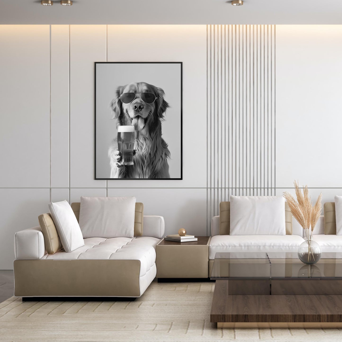 Golden Retriever Drinking Beer Pint Funny Dog Print, Bar Cart Dog Decor, Man Cave Poster - Black and White Wall Art