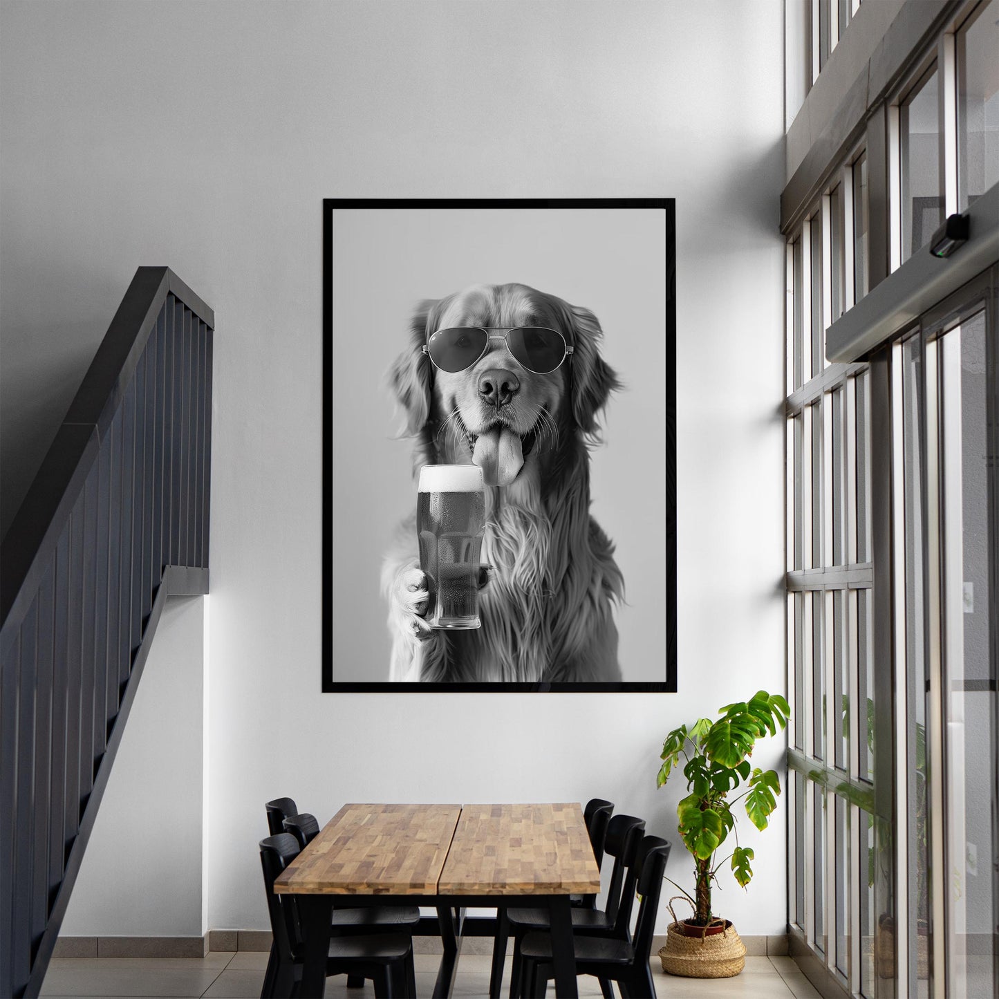 Golden Retriever Drinking Beer Pint Funny Dog Print, Bar Cart Dog Decor, Man Cave Poster - Black and White Wall Art