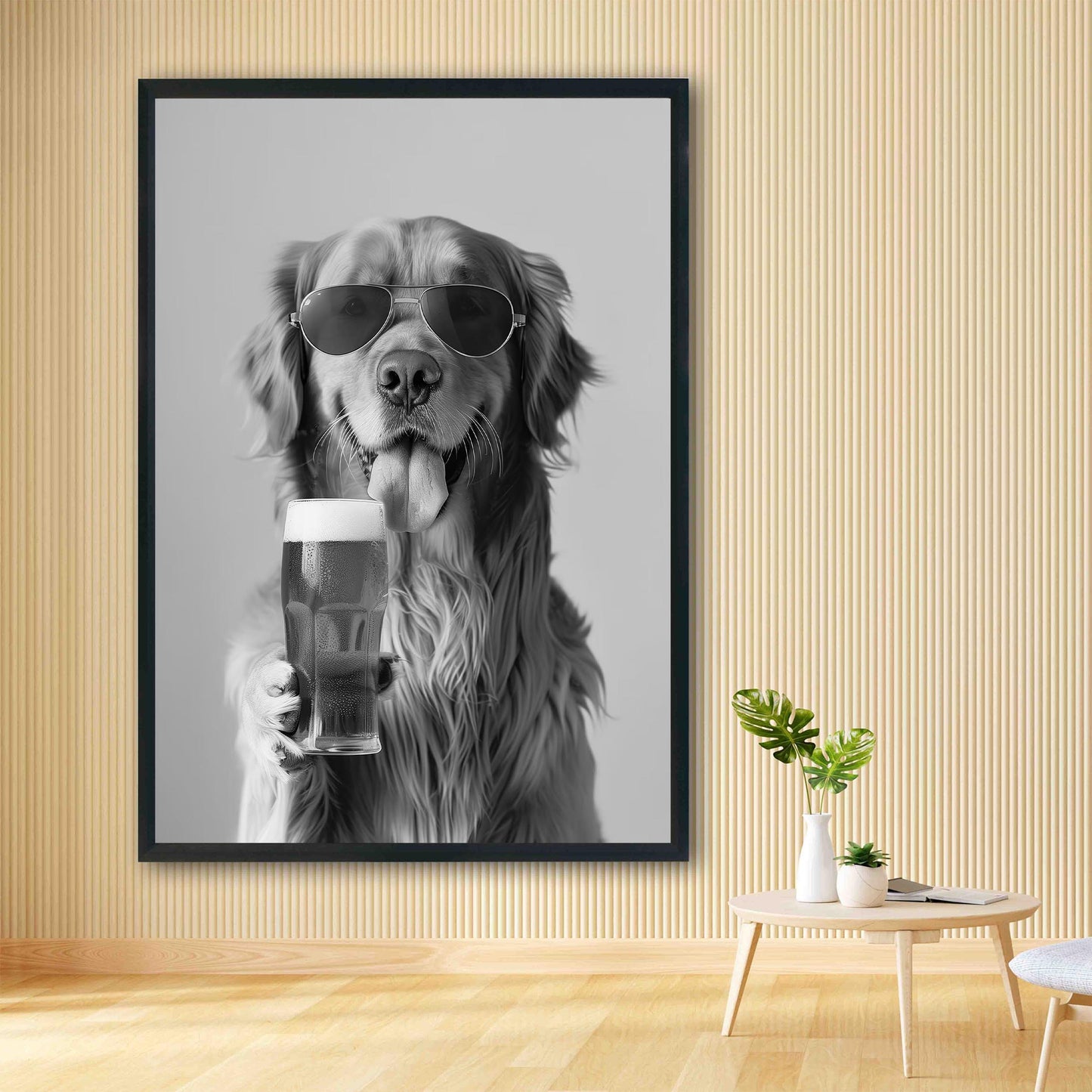Golden Retriever Drinking Beer Pint Funny Dog Print, Bar Cart Dog Decor, Man Cave Poster - Black and White Wall Art
