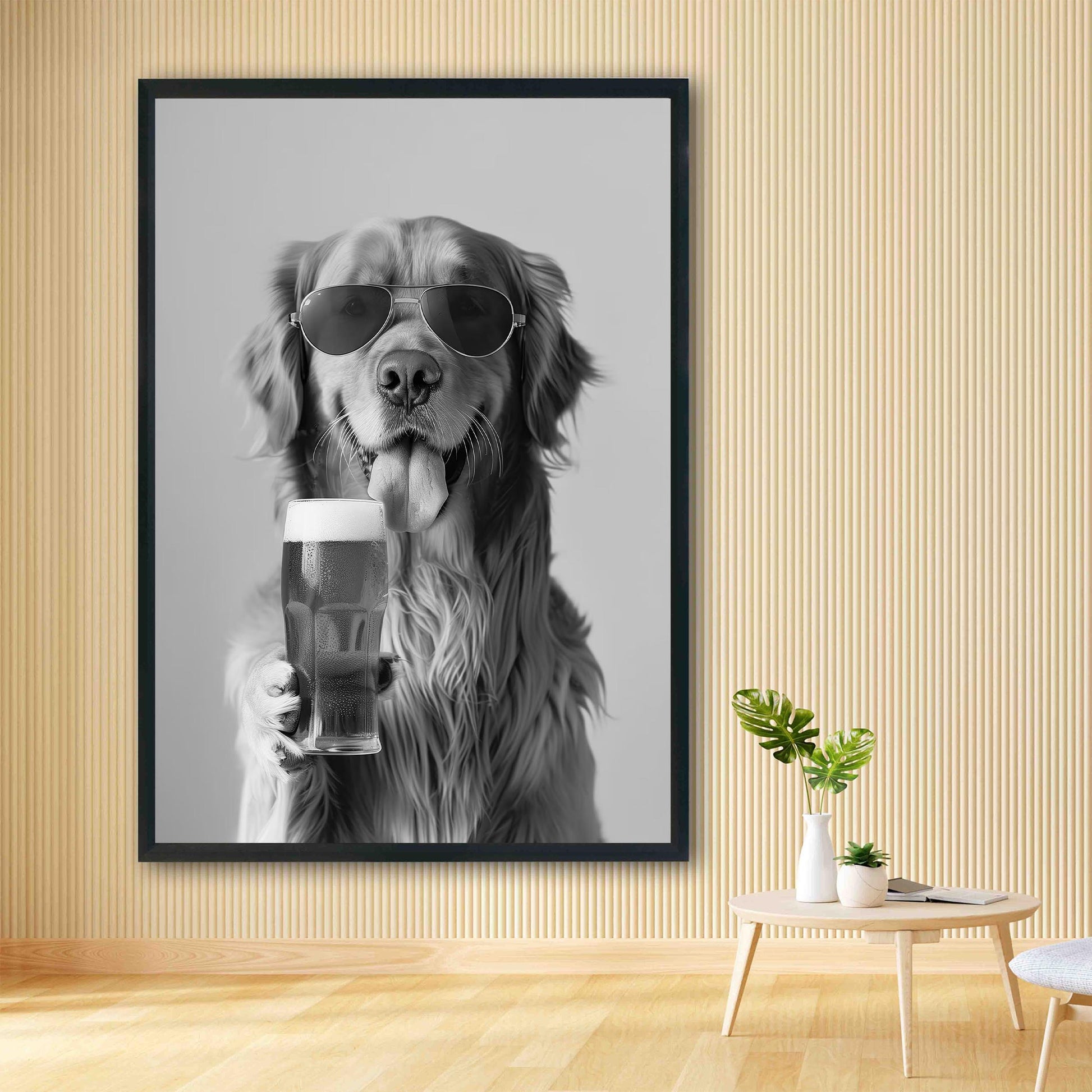 Golden Retriever Drinking Beer Pint Funny Dog Print, Bar Cart Dog Decor, Man Cave Poster - Black and White Wall Art