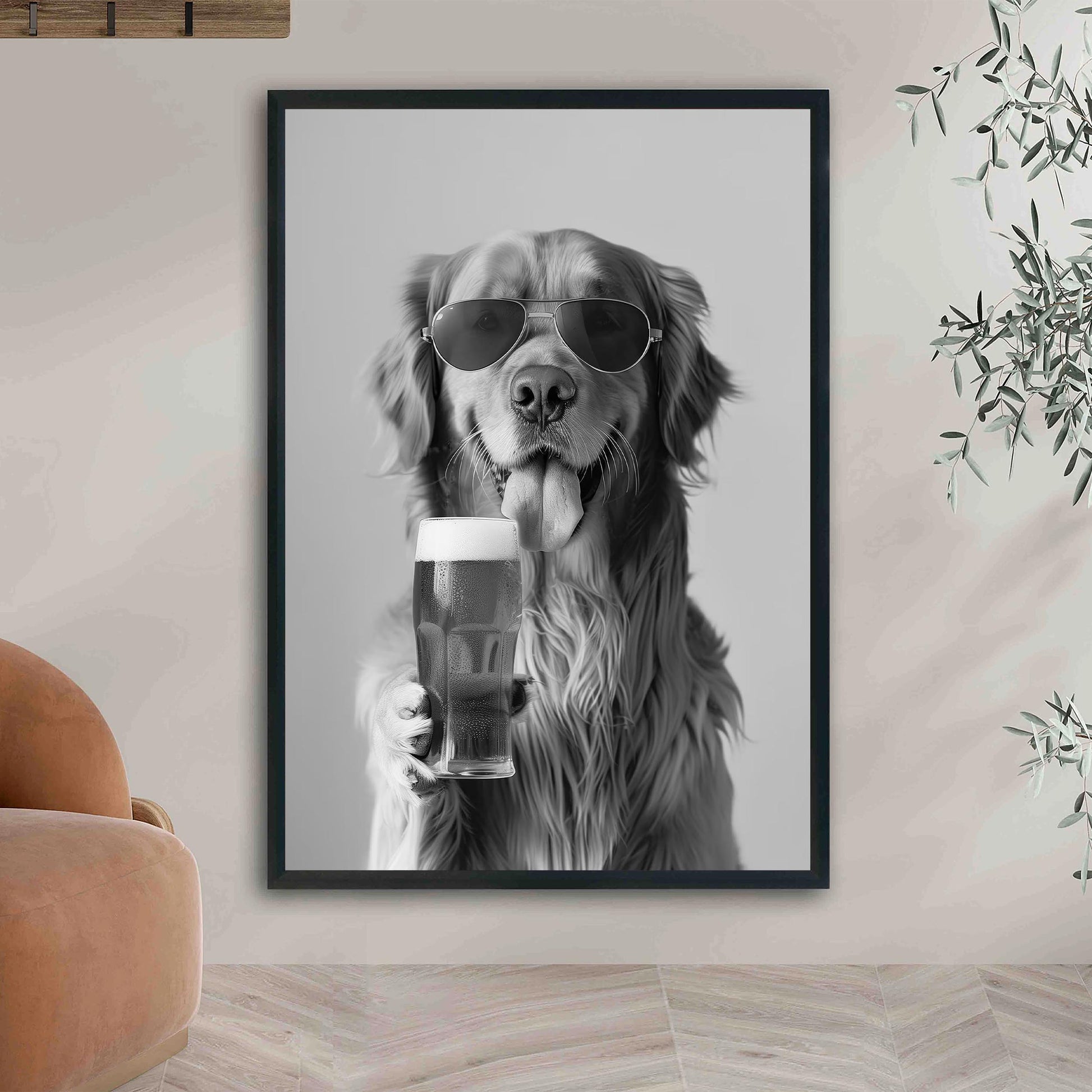 Golden Retriever Drinking Beer Pint Funny Dog Print, Bar Cart Dog Decor, Man Cave Poster - Black and White Wall Art