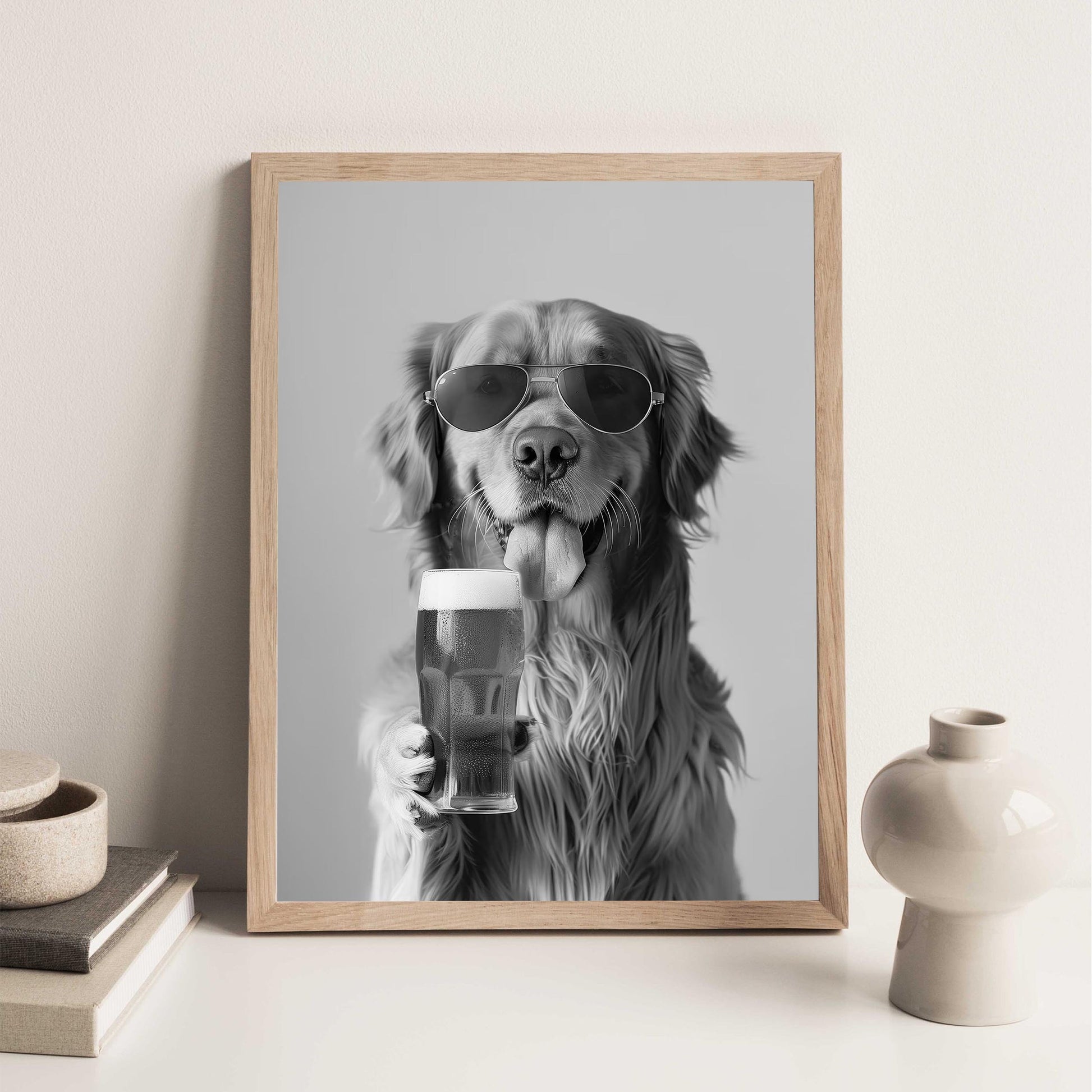 Golden Retriever Drinking Beer Pint Funny Dog Print, Bar Cart Dog Decor, Man Cave Poster - Black and White Wall Art