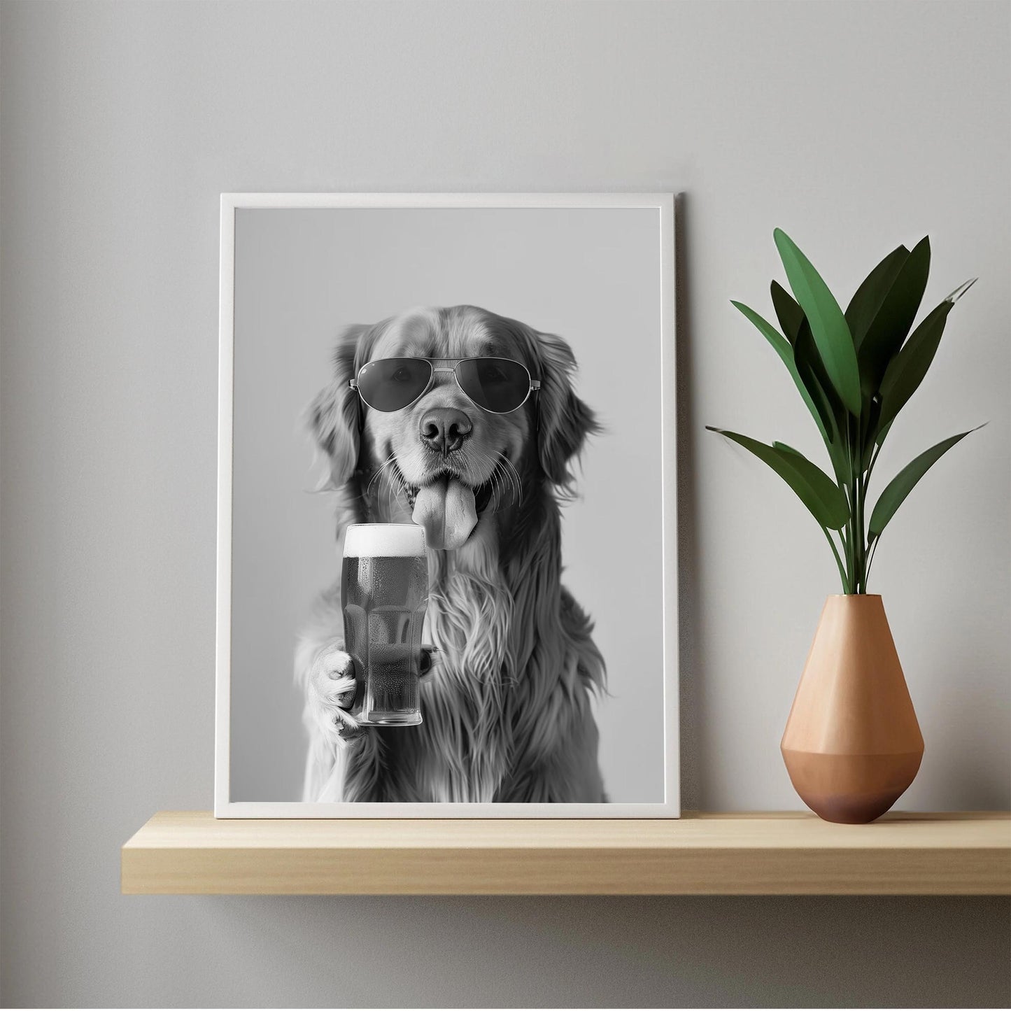 Golden Retriever Drinking Beer Pint Funny Dog Print, Bar Cart Dog Decor, Man Cave Poster - Black and White Wall Art