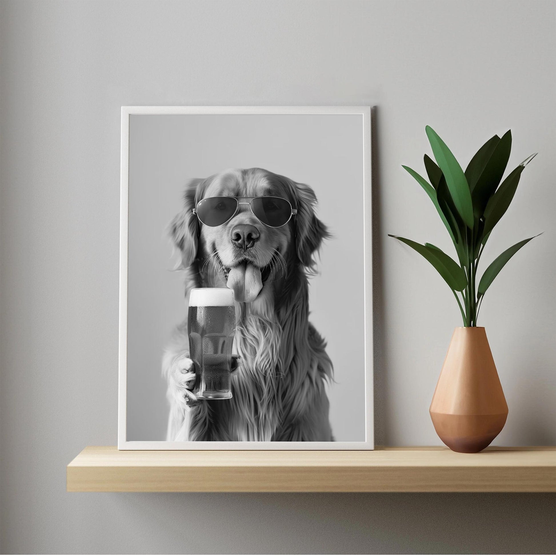 Golden Retriever Drinking Beer Pint Funny Dog Print, Bar Cart Dog Decor, Man Cave Poster - Black and White Wall Art