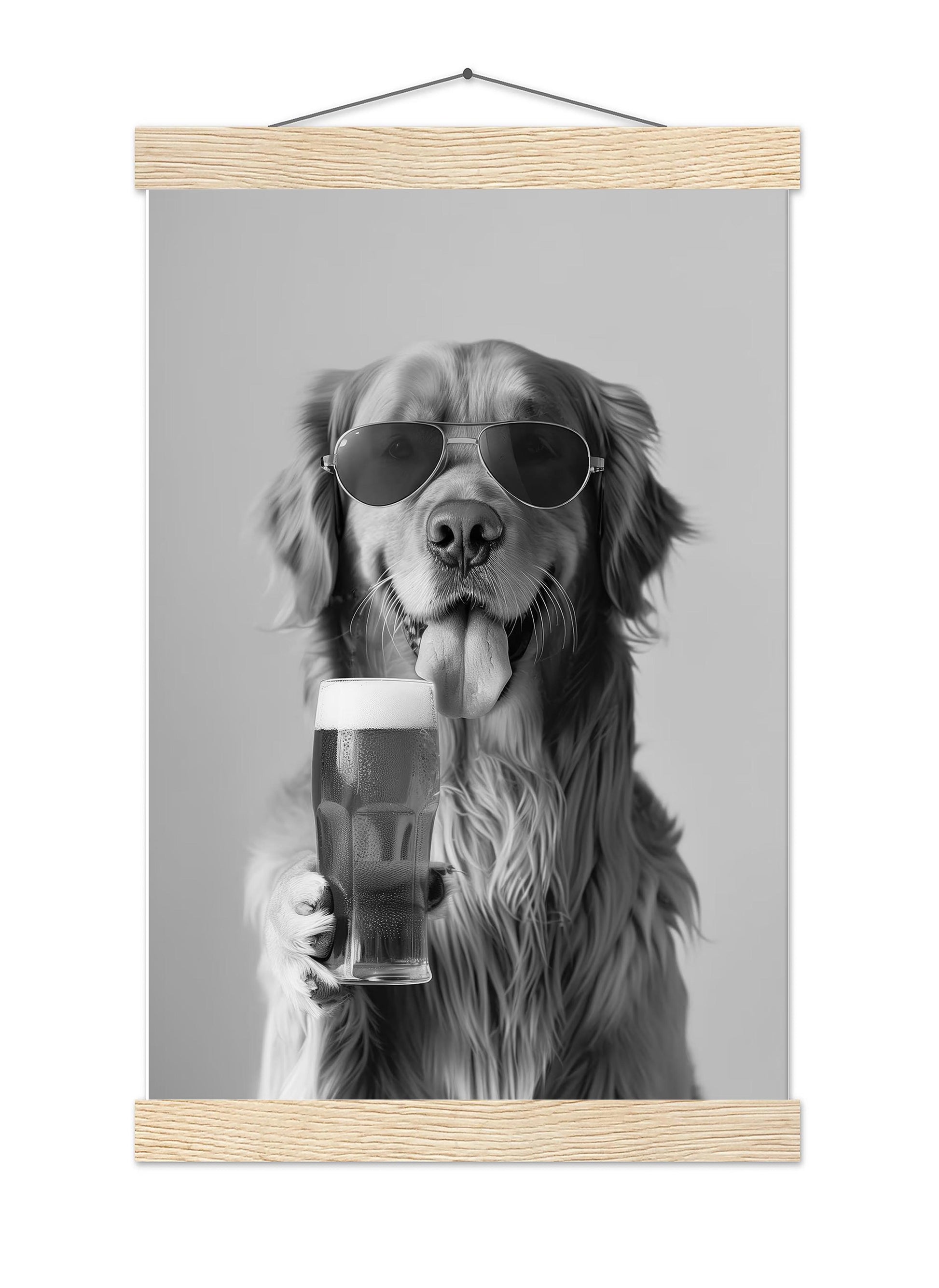 Golden Retriever Drinking Beer Pint Funny Dog Print, Bar Cart Dog Decor, Man Cave Poster - Black and White Wall Art