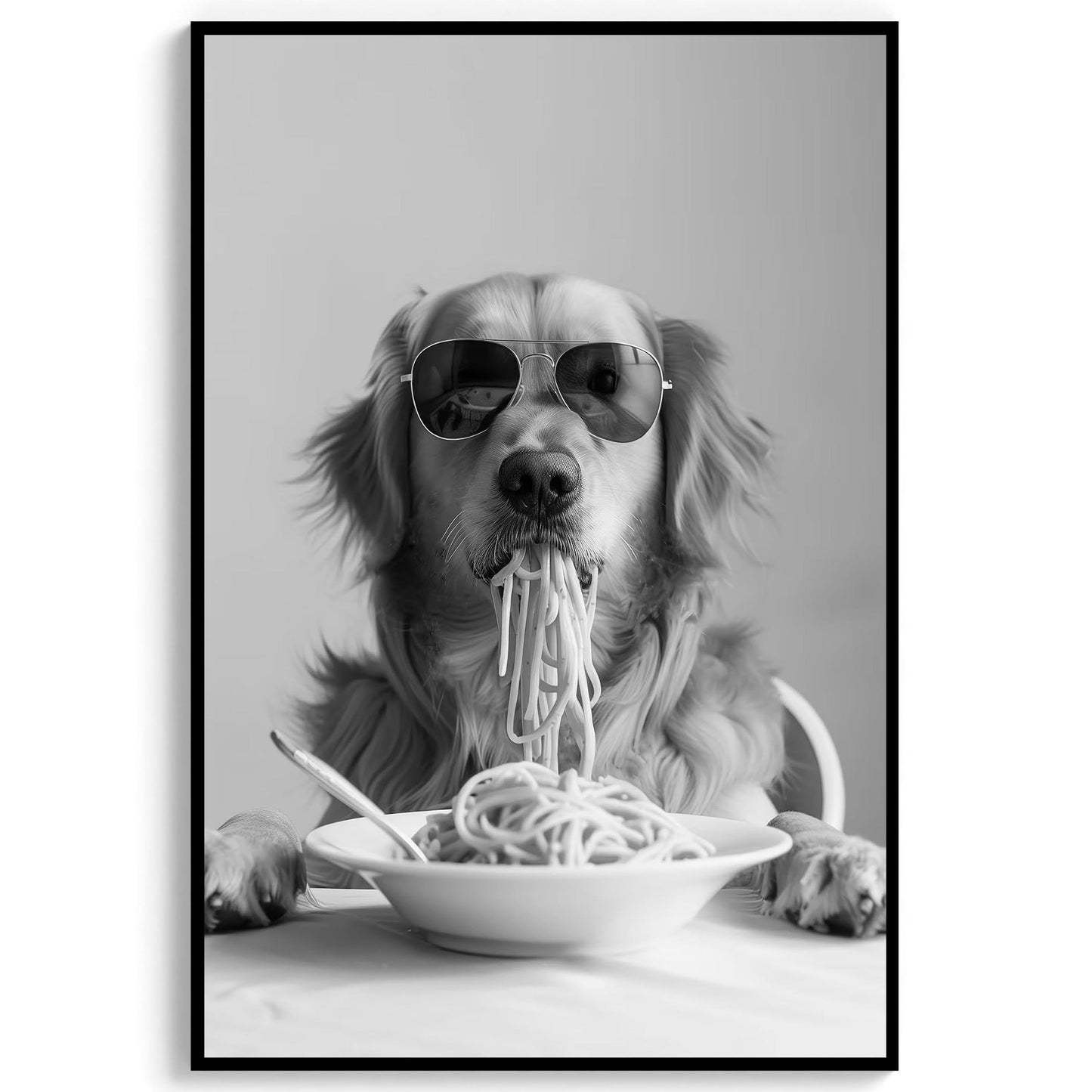 Golden Retriever Eating Pasta Wall Art Funny Spaghetti Dog Print, Black and White Kitchen Decor, Retro Dog Poster