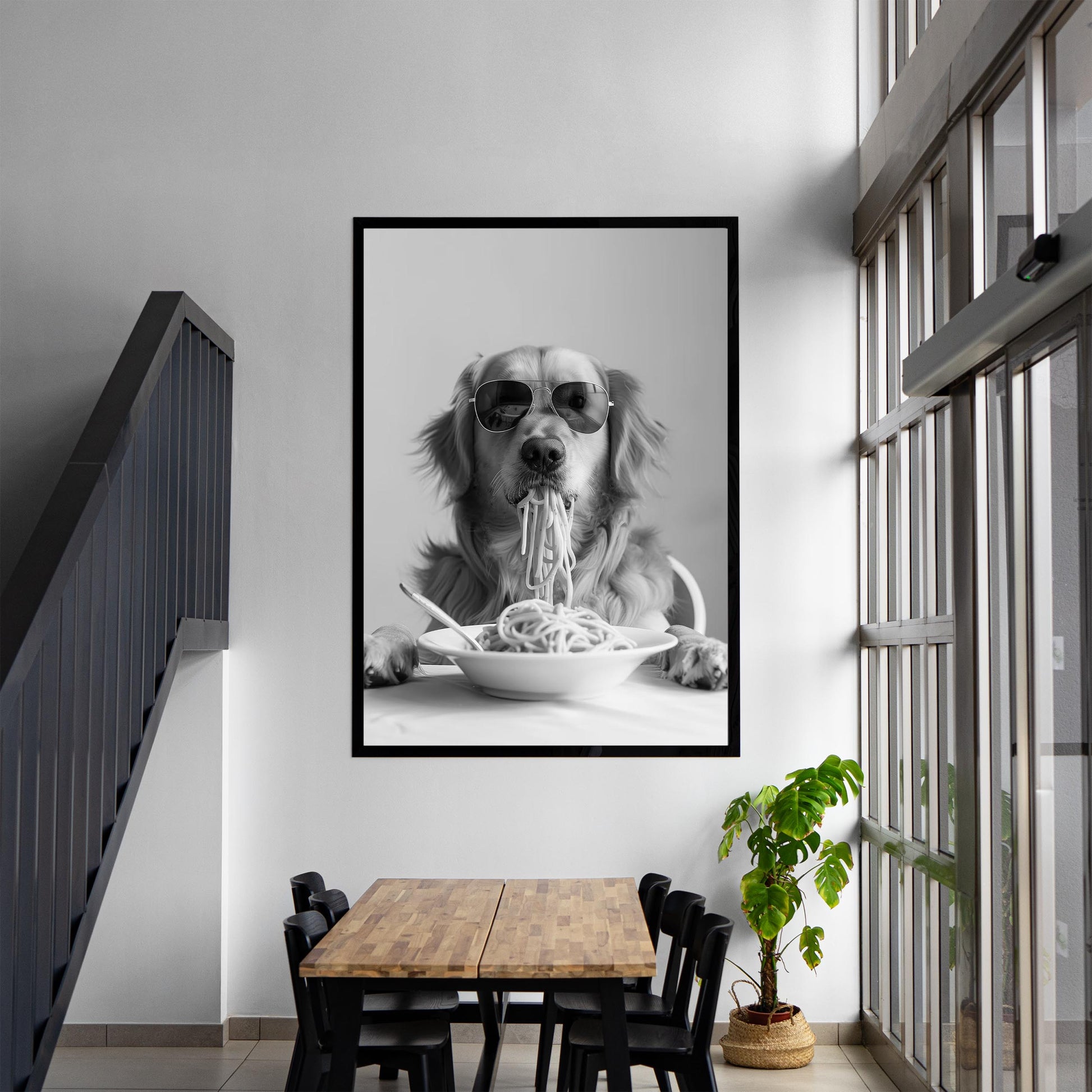 Golden Retriever Eating Pasta Wall Art Funny Spaghetti Dog Print, Black and White Kitchen Decor, Retro Dog Poster