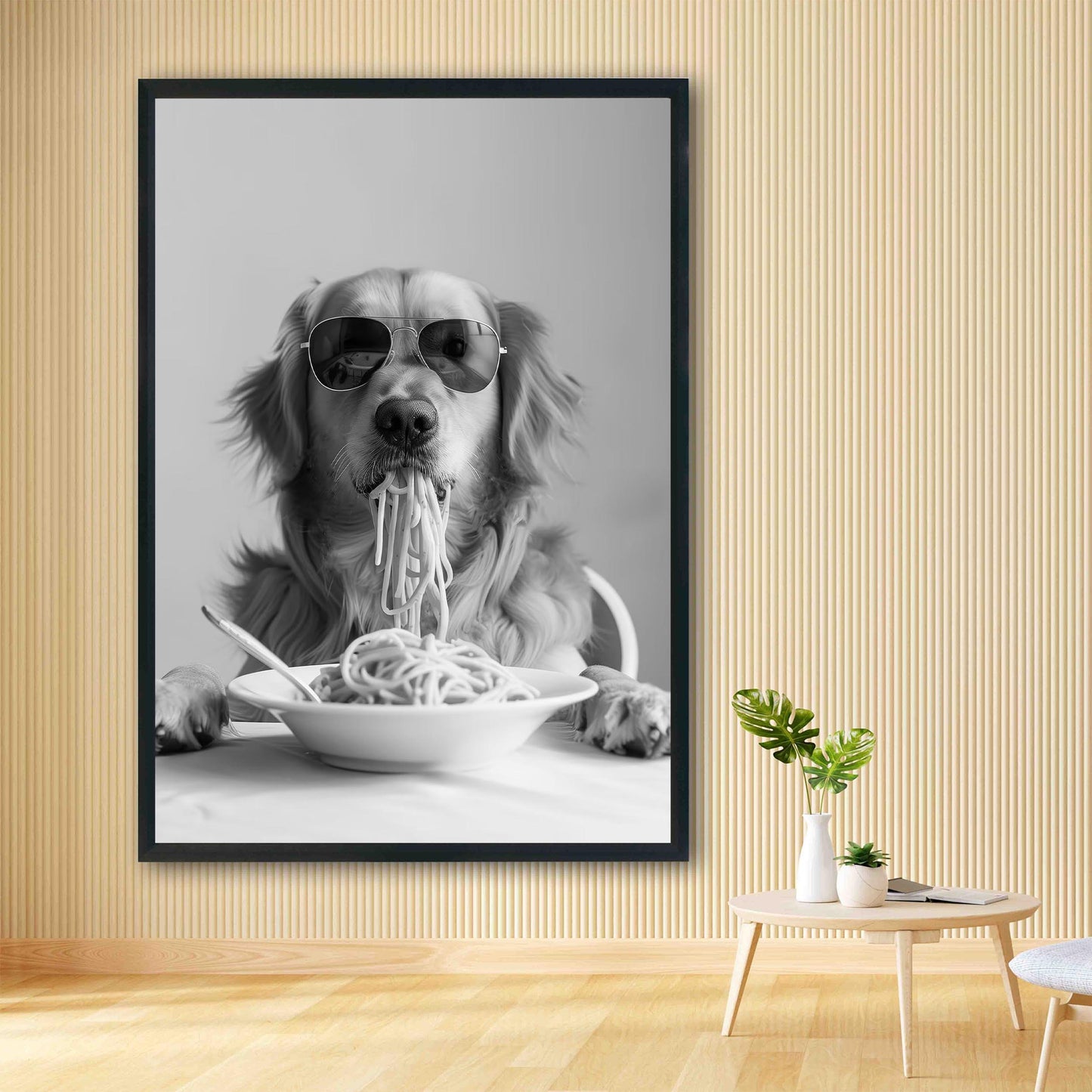 Golden Retriever Eating Pasta Wall Art Funny Spaghetti Dog Print, Black and White Kitchen Decor, Retro Dog Poster