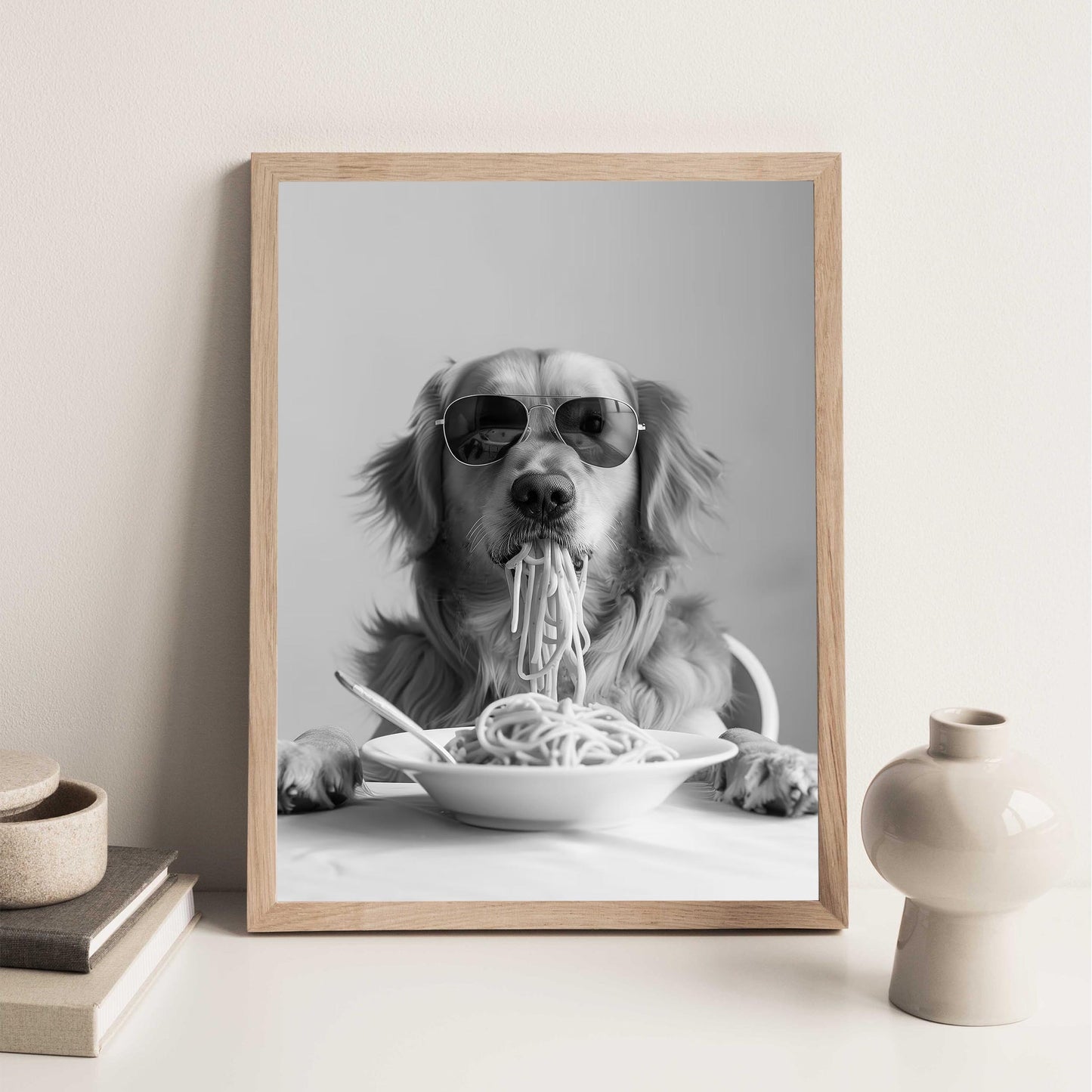 Golden Retriever Eating Pasta Wall Art Funny Spaghetti Dog Print, Black and White Kitchen Decor, Retro Dog Poster