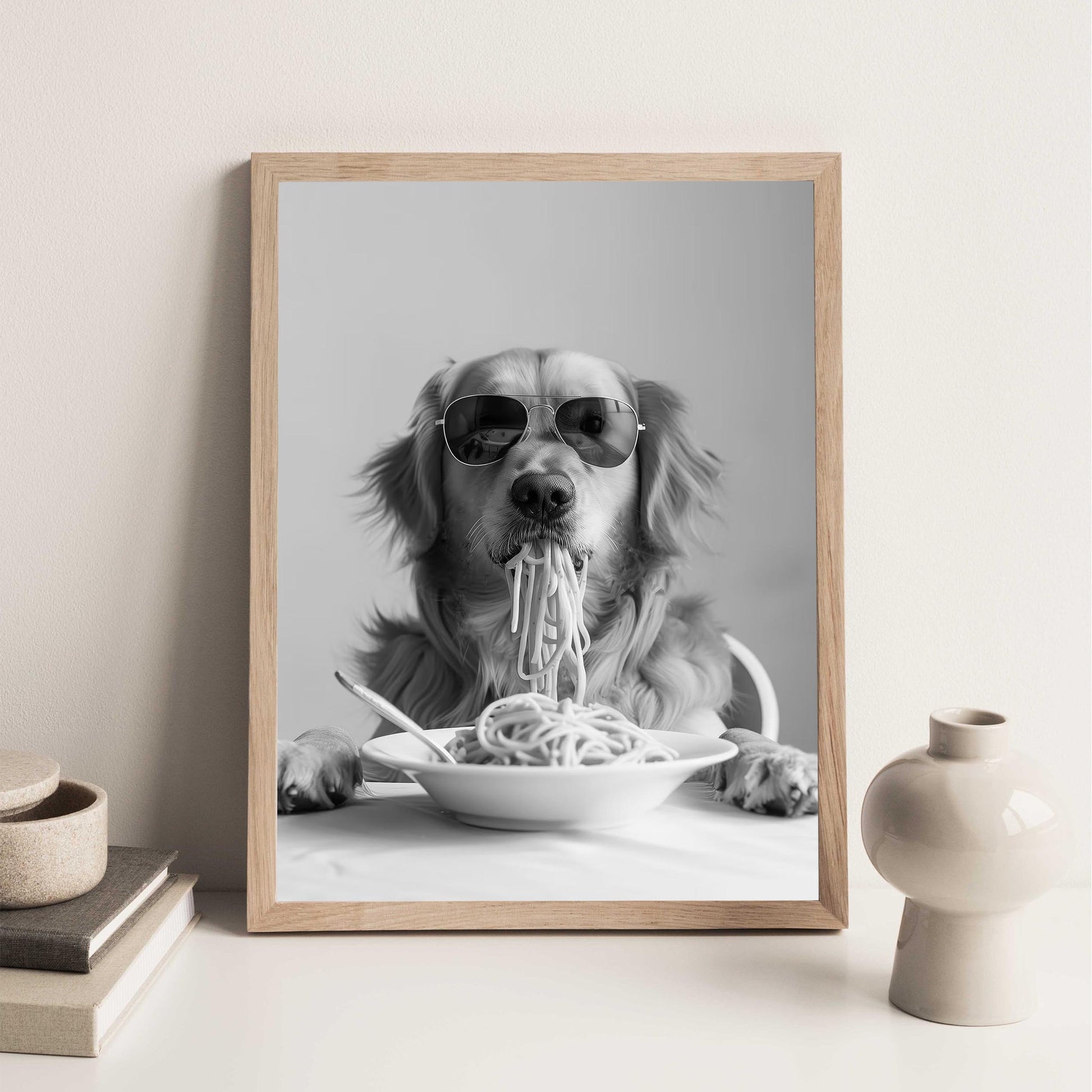 Golden Retriever Eating Pasta Wall Art Funny Spaghetti Dog Print, Black and White Kitchen Decor, Retro Dog Poster