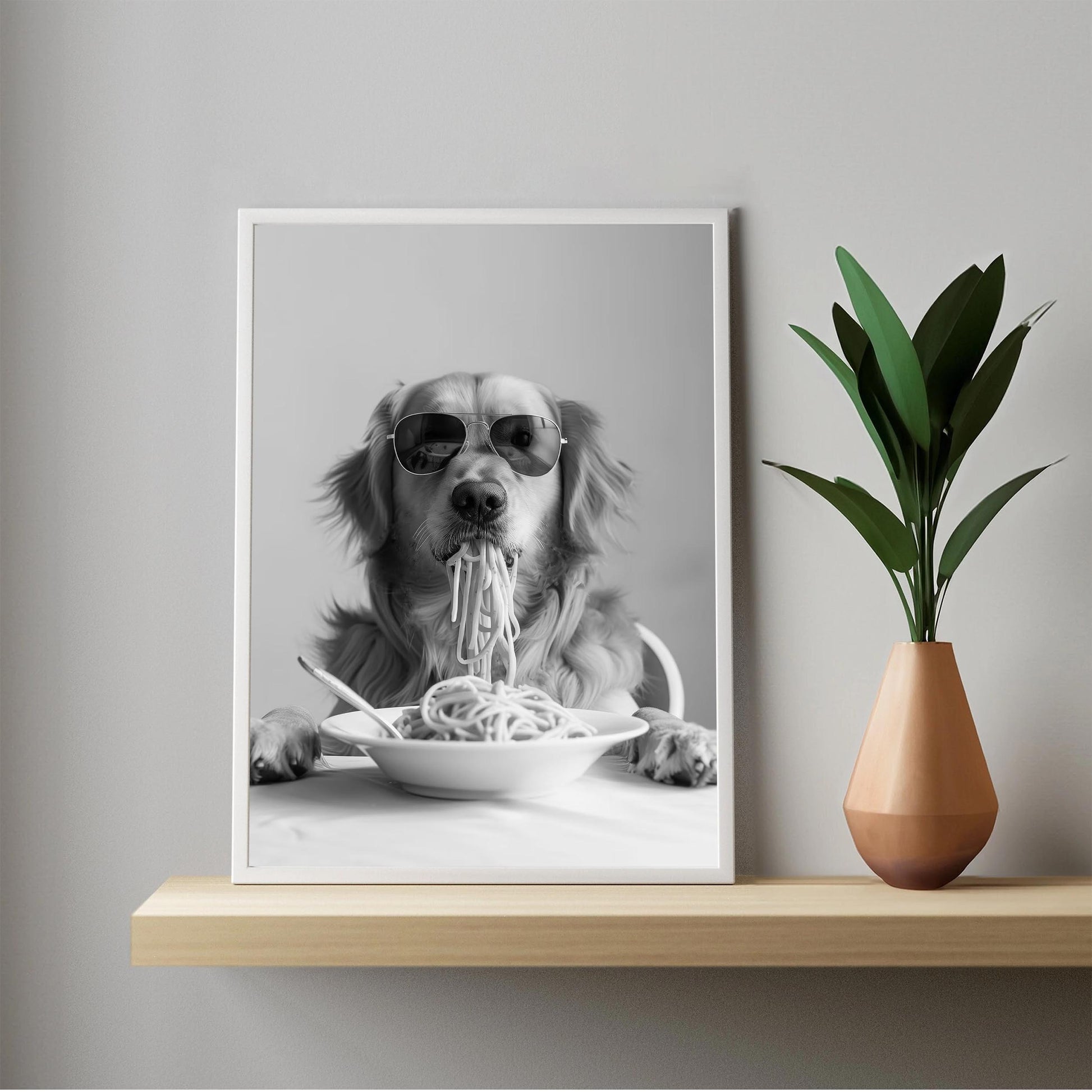 Golden Retriever Eating Pasta Wall Art Funny Spaghetti Dog Print, Black and White Kitchen Decor, Retro Dog Poster