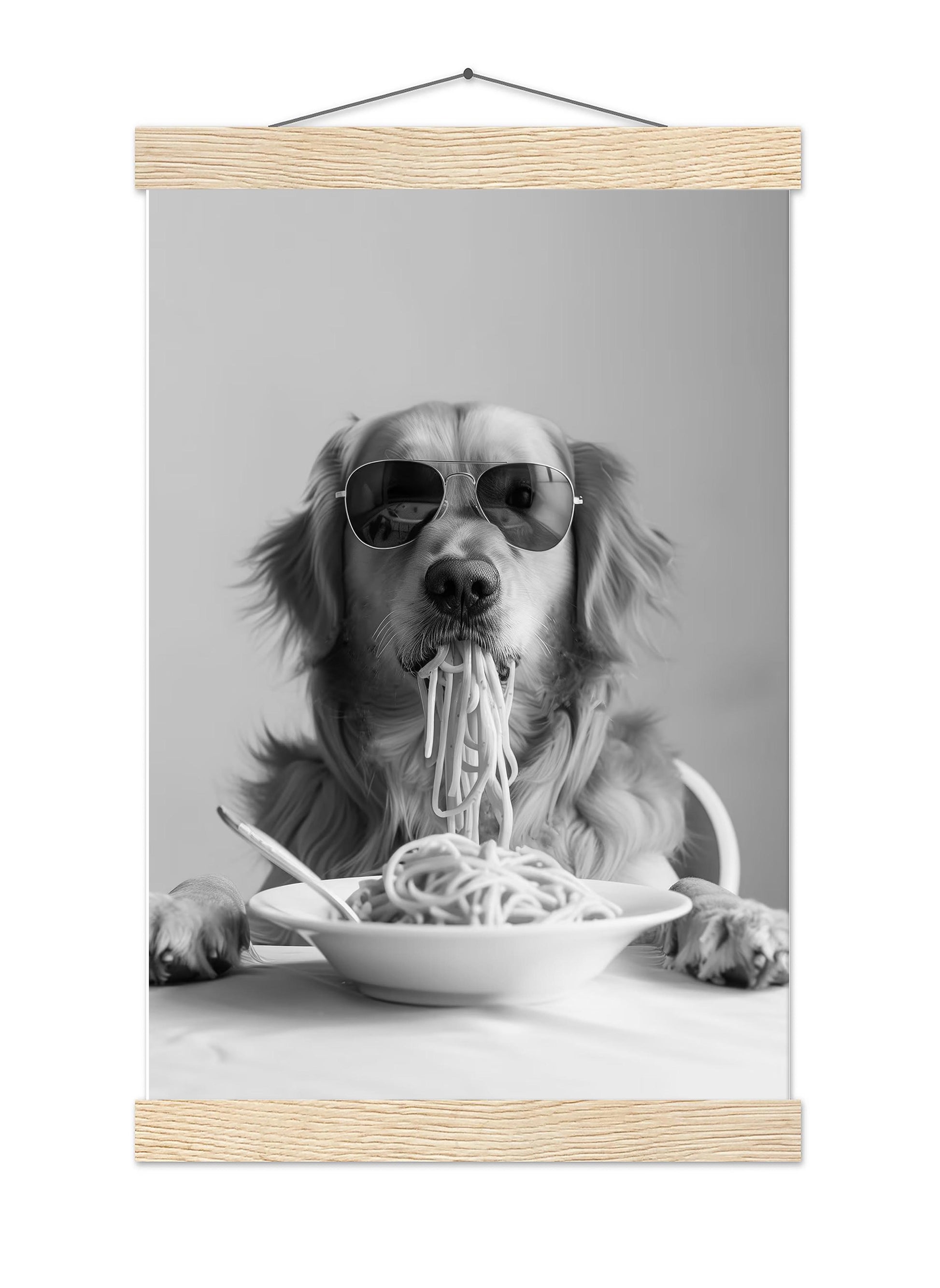 Golden Retriever Eating Pasta Wall Art Funny Spaghetti Dog Print, Black and White Kitchen Decor, Retro Dog Poster